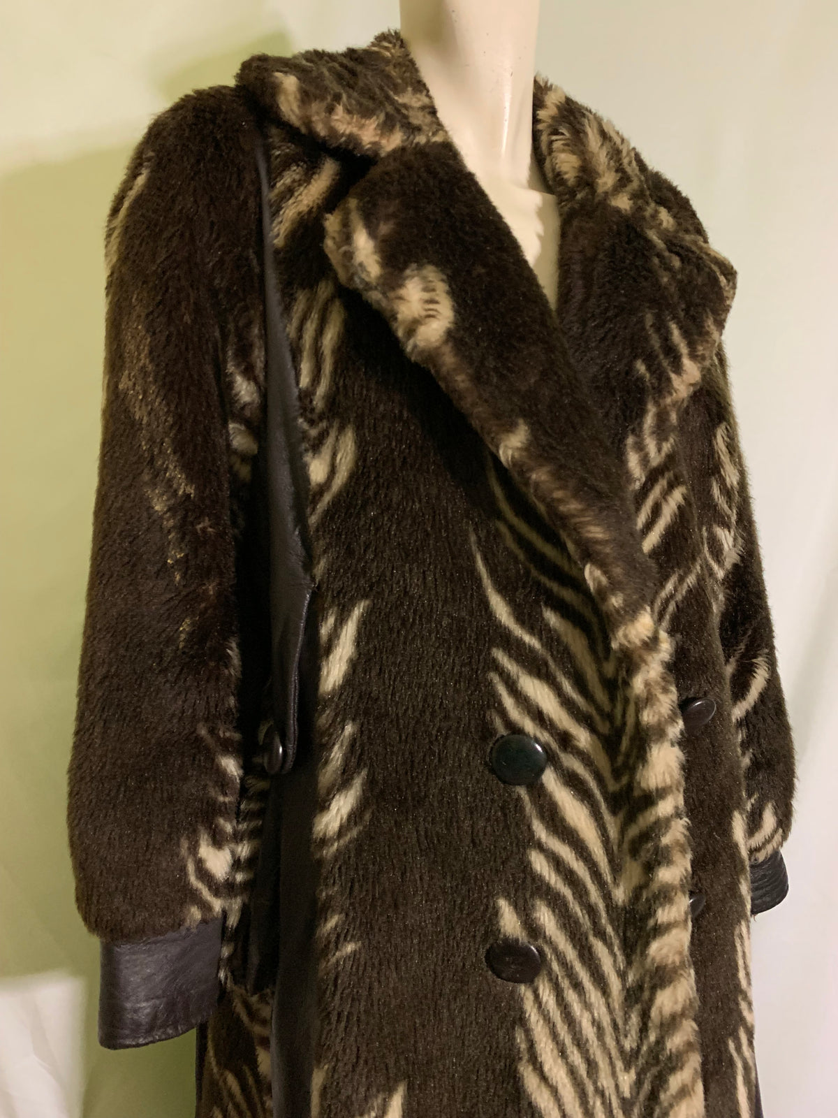 Funky Deep Brown Zebra Stripe Faux Fur Coat Pleather Accents circa 1970s