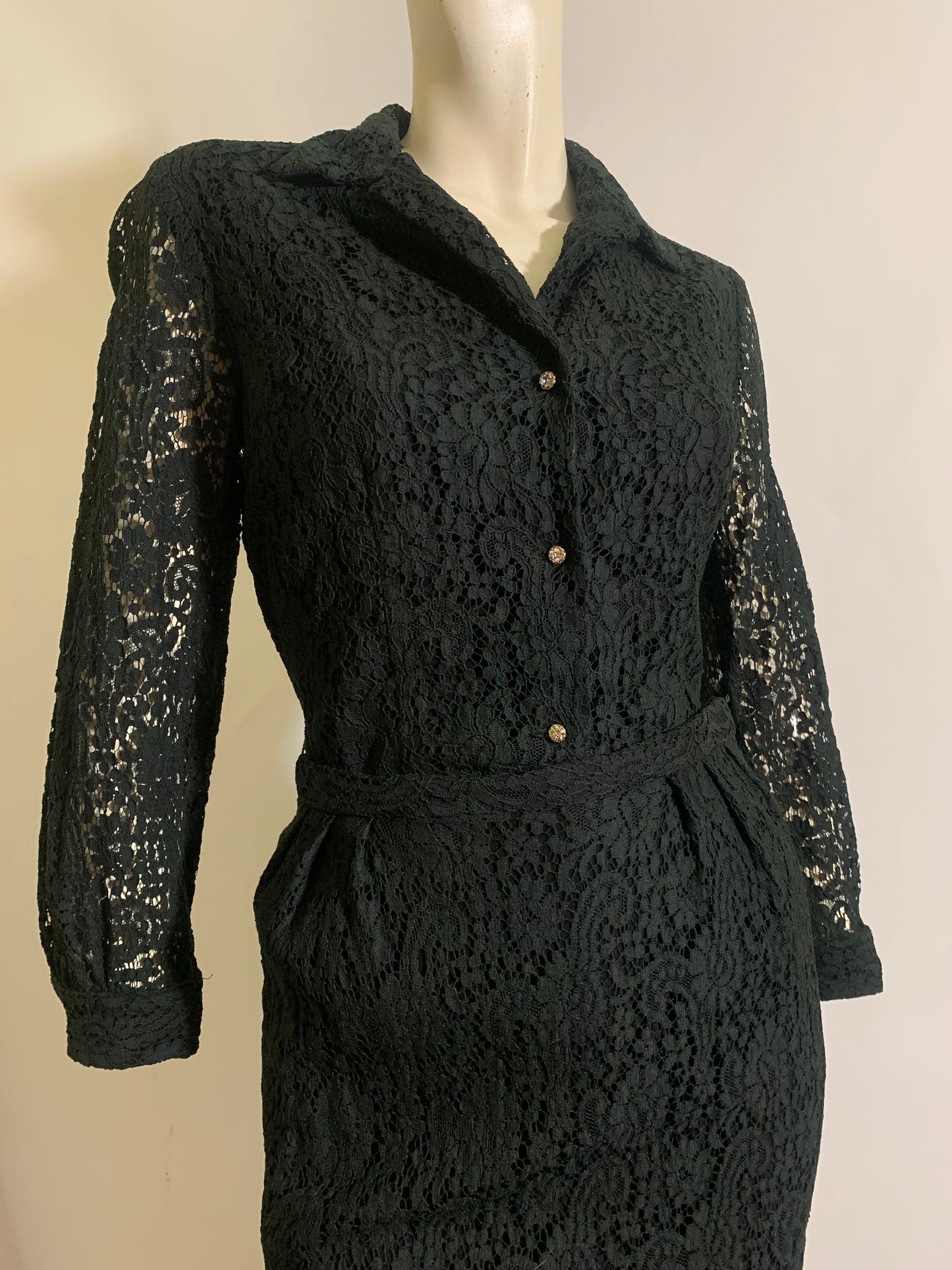 Two Piece Ink Black Lace Blouse and Skirt Dress Set Rhinestones circa 1960s