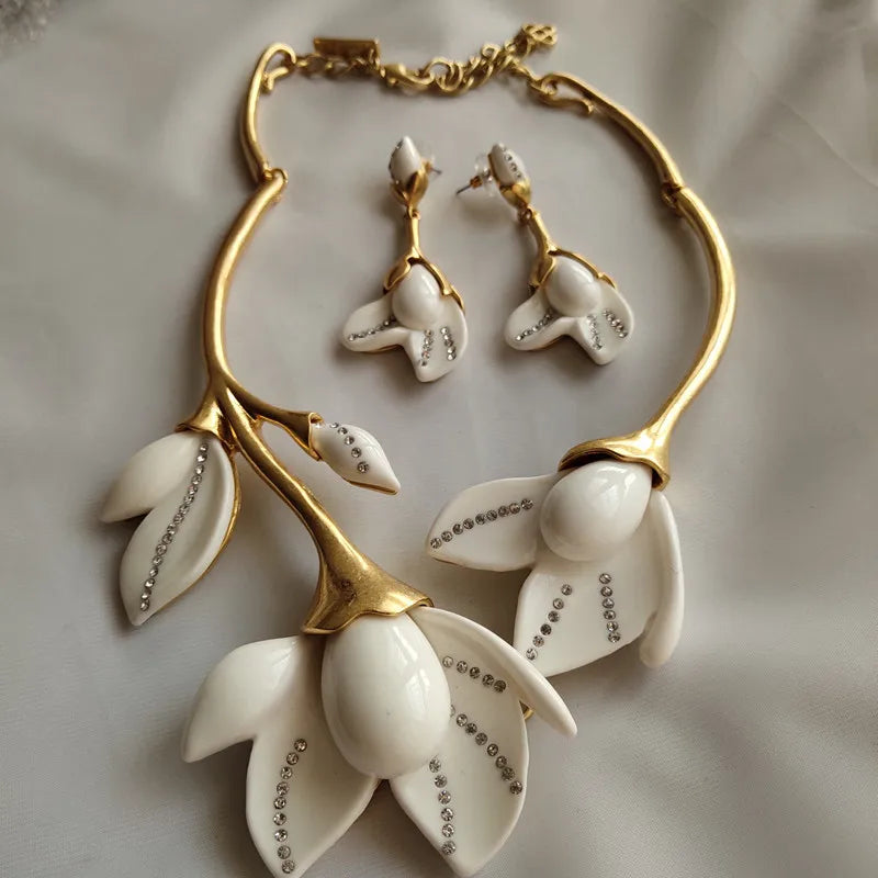 Maggie- the 1930s Inspired White Magnolia & Rhinestones Necklace or Earrings