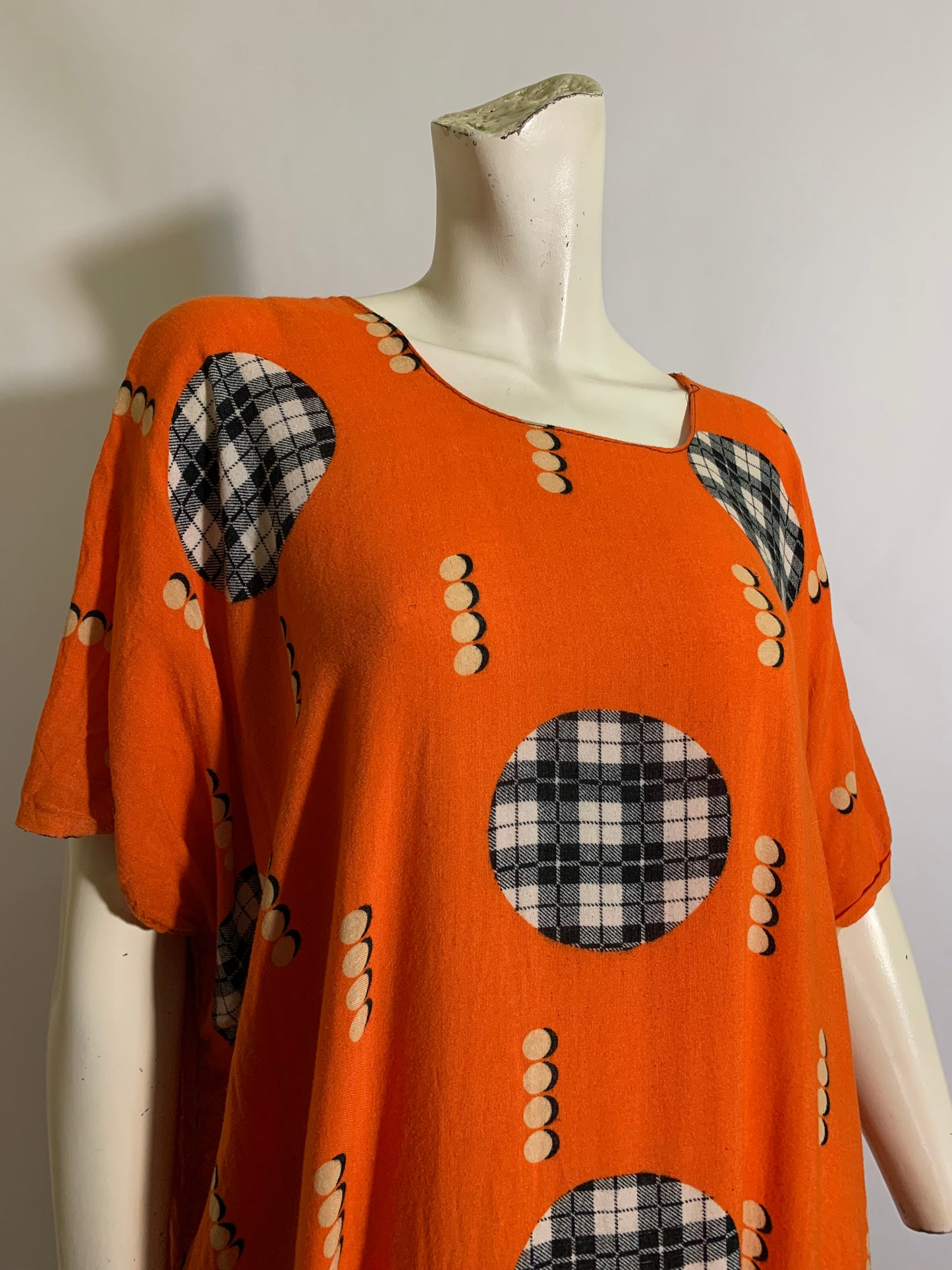 Art Deco Print Orange and Black Rayon Tunic Dress circa 1980s