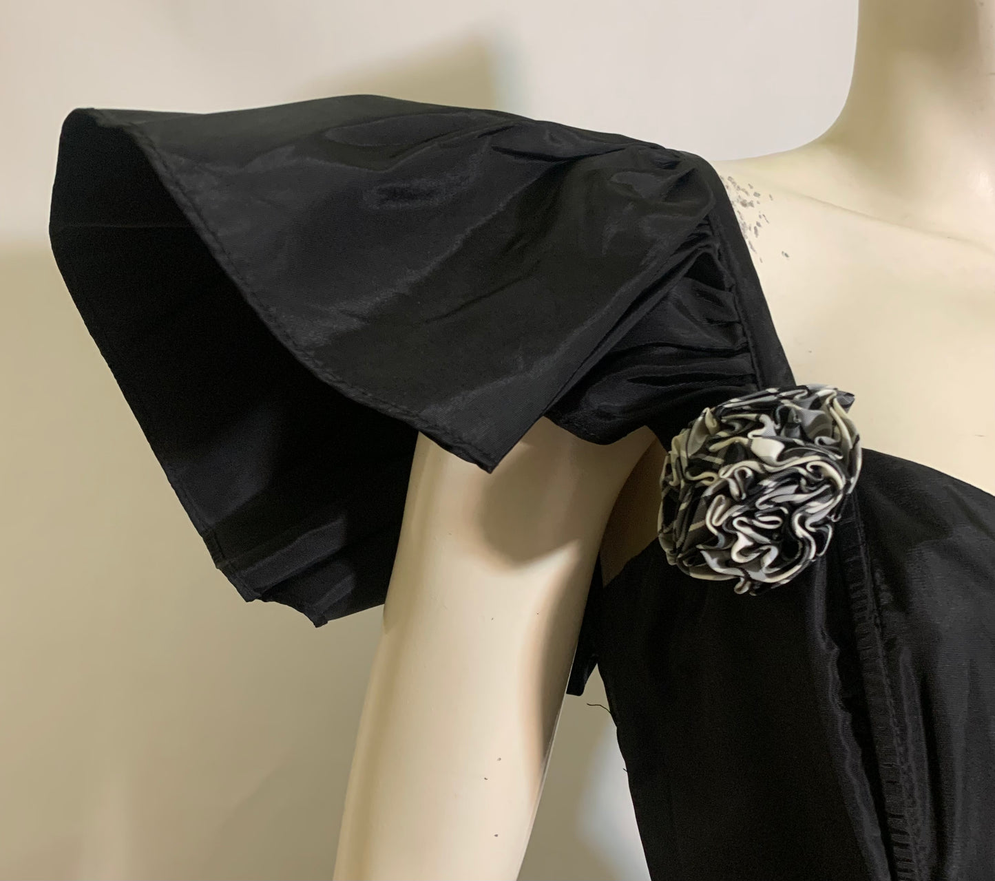Black and White Taffeta One Shoulder Party Dress with Plaid Skirt circa 1980s Gunne Sax