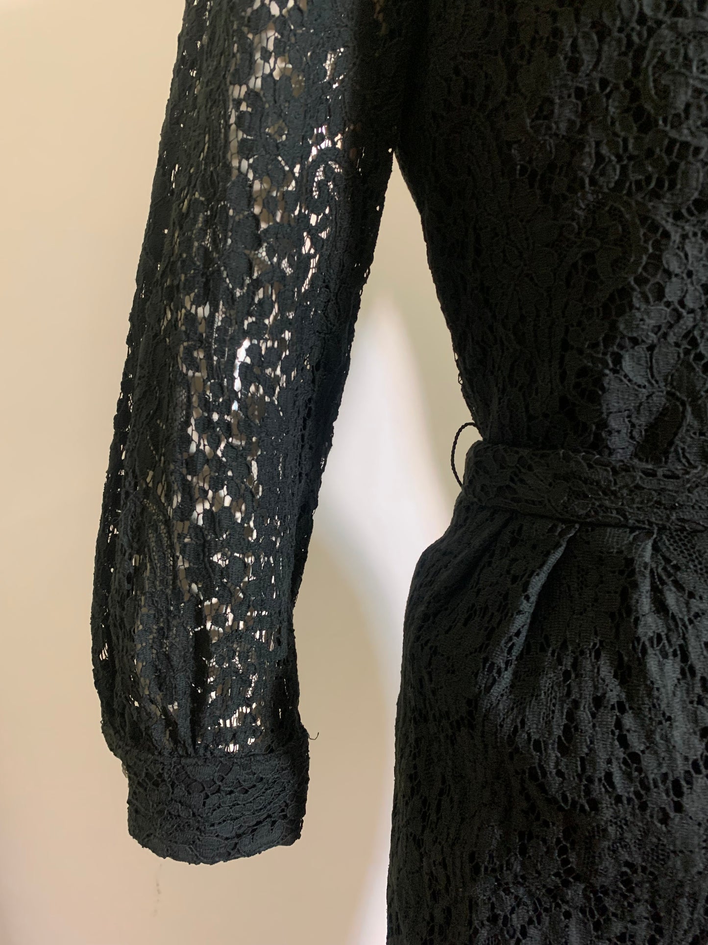 Two Piece Ink Black Lace Blouse and Skirt Dress Set Rhinestones circa 1960s