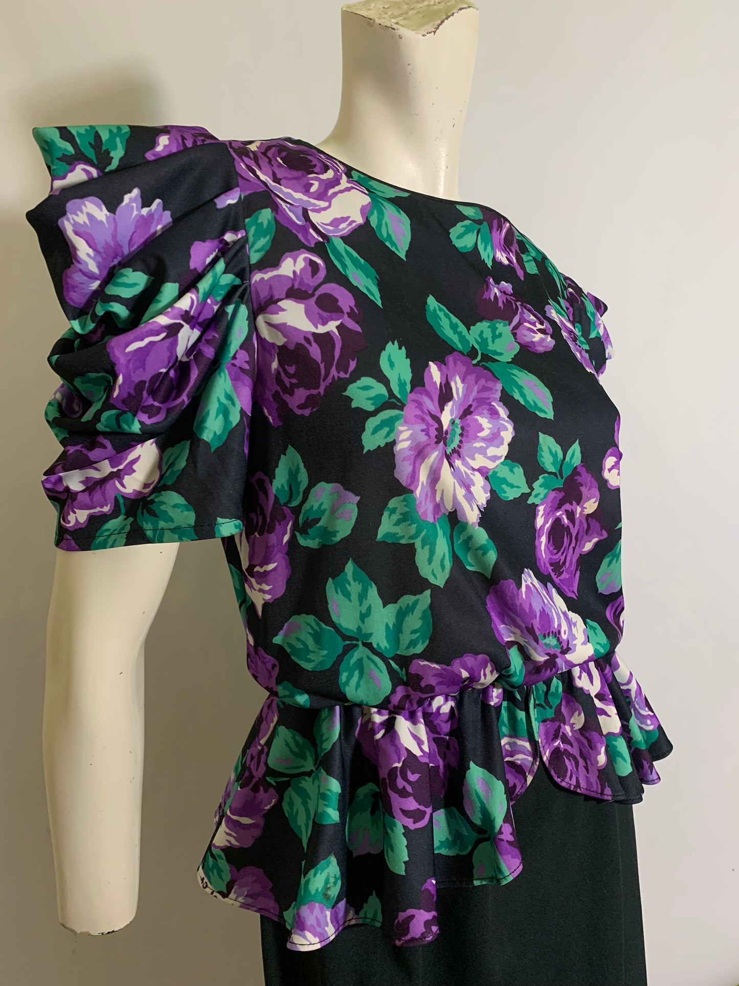 Purple Rose Print Jersey Nylon Peplum Dress Ruched Sleeves circa 1980s
