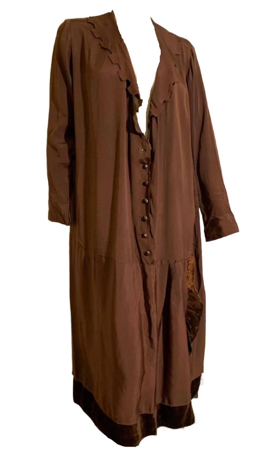 Cinnamon and Brown Silk and Velvet Dress circa 1920s as is