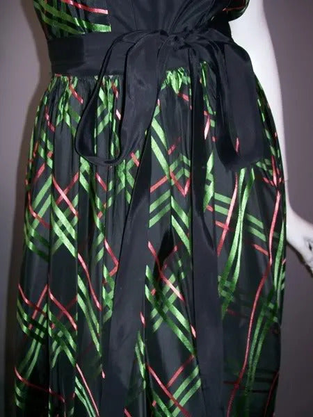 Black, Red and Green Shimmering Taffeta Dress with Bolero Jacket circa 1940s