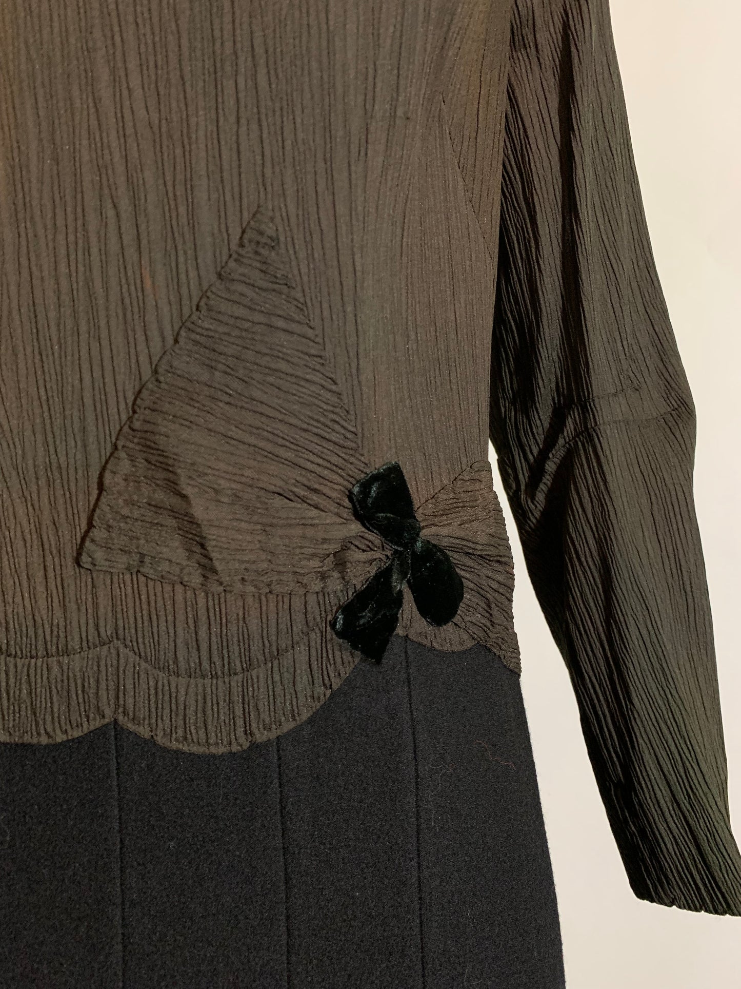 Crinkle Silk and Wool Black and Grey Dress with Velvet Accents circa 1920s