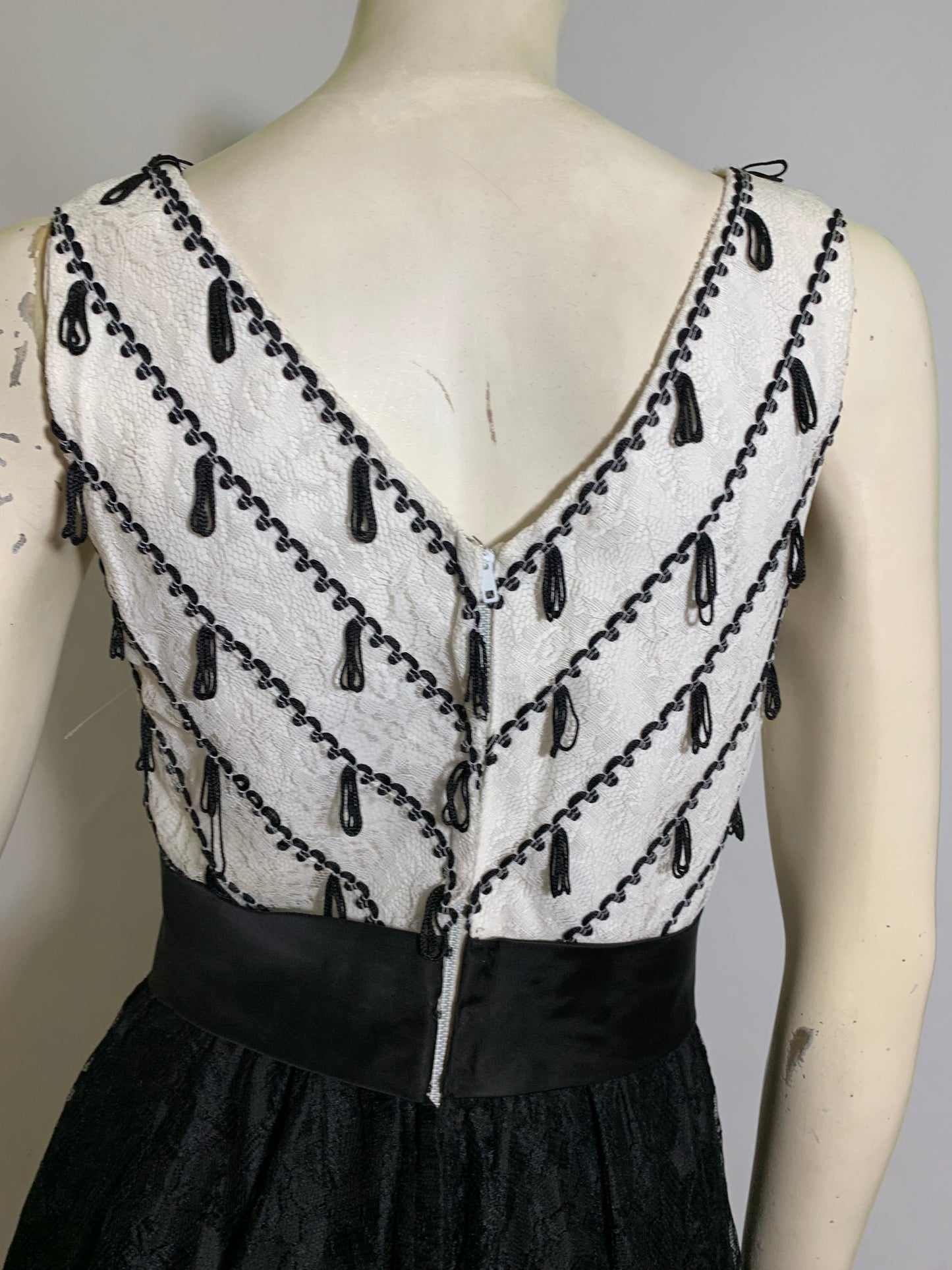 Sassy Little Black and White Mini Cocktail Dress with Loop Tassels on Lace Bodice circa 1960s