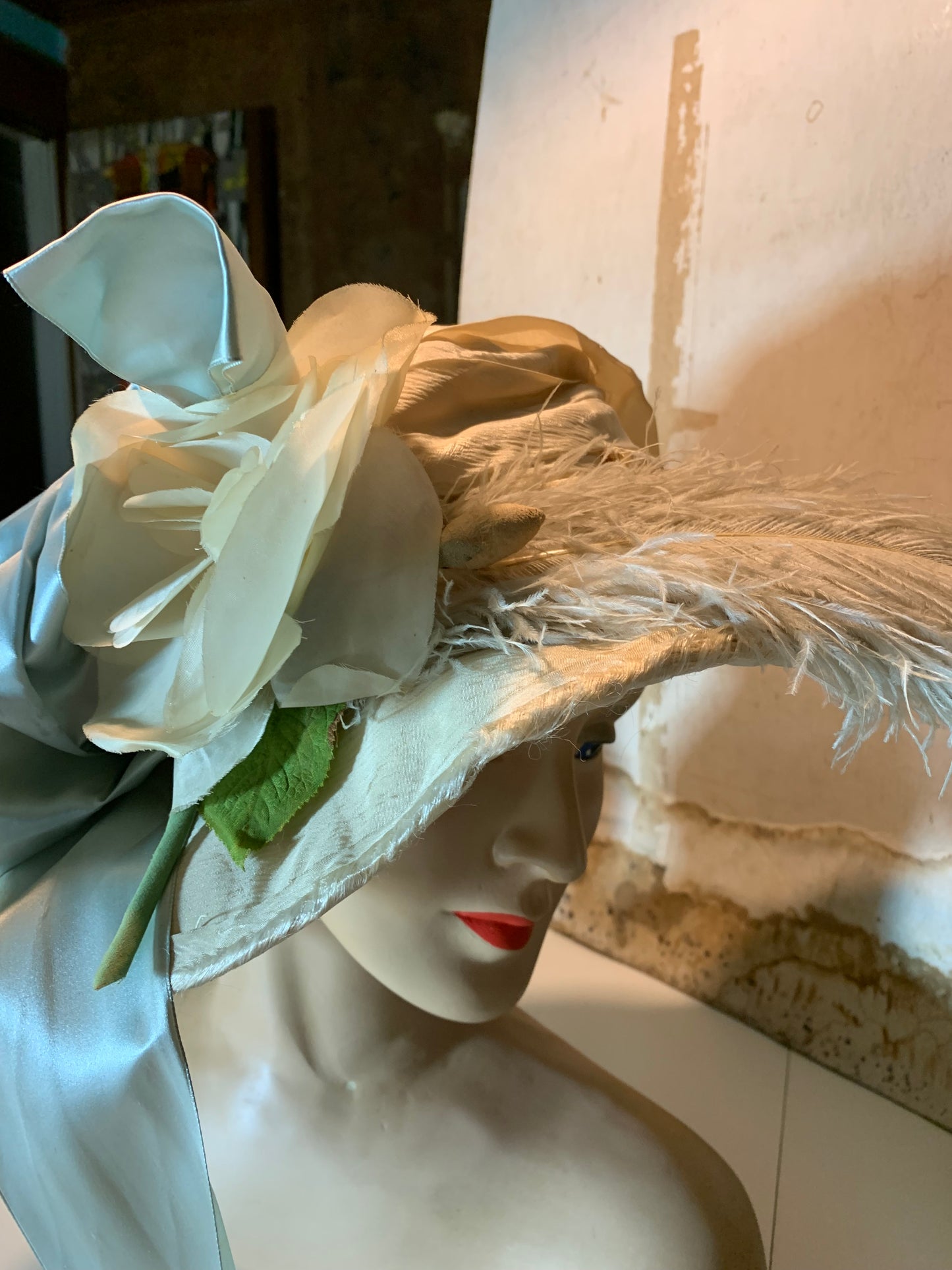 The Bride Reimagined Edwardian Silk Hat and Flowers with Antique Hanky, Pale Blue Ribbon and Feathers