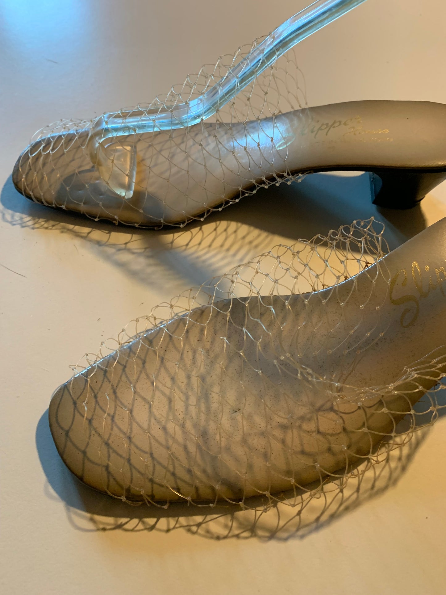 Iconic "Invisible" Clear Fishnet Low Heel Shoes circa 1970s US 7