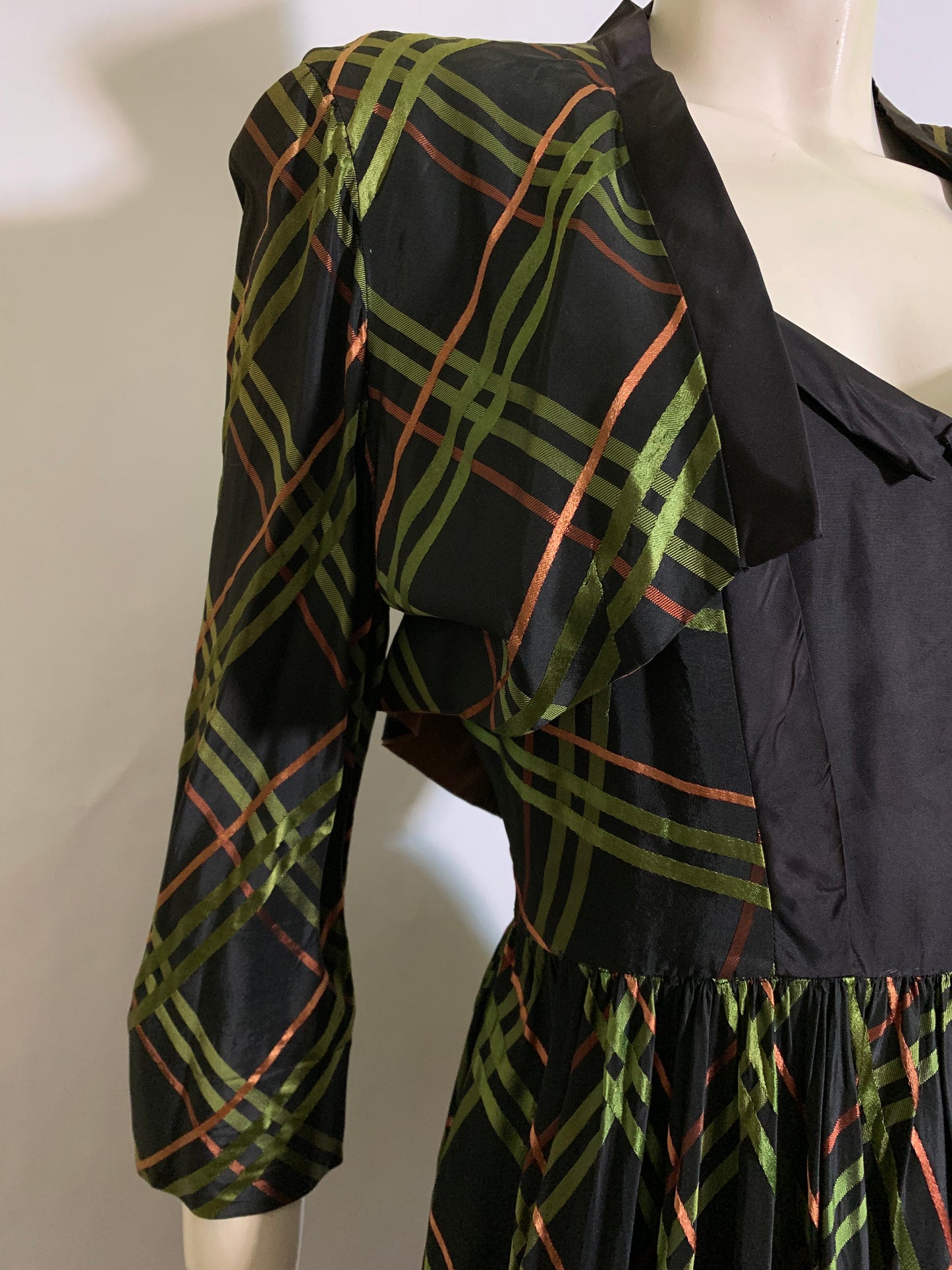 Green, Red and Black Plaid Taffeta Dress with Bolero Jacket circa 1940s