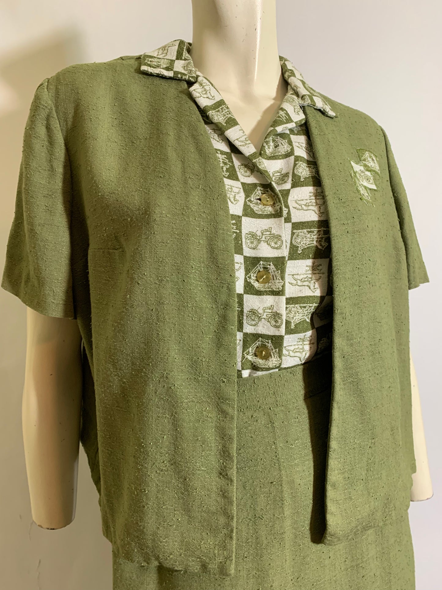 Sage Green Colonial Print Blouse, Jacket and Skirt Dress Set circa 1960s