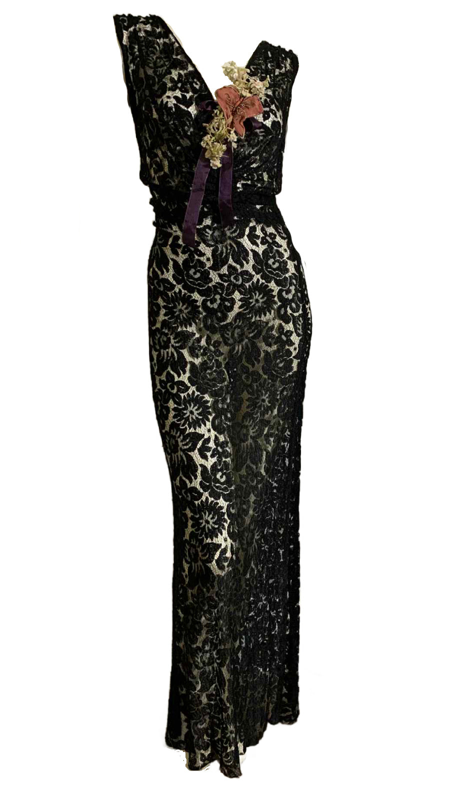Sultry Black Lace Full Length Evening Dress with Silk Flowers, Butterf – Dorothea's Closet Vintage Sultry Black Lace Full Length Evening Dress with Silk Flowers, Butterf – Dorothea's Closet Vintage