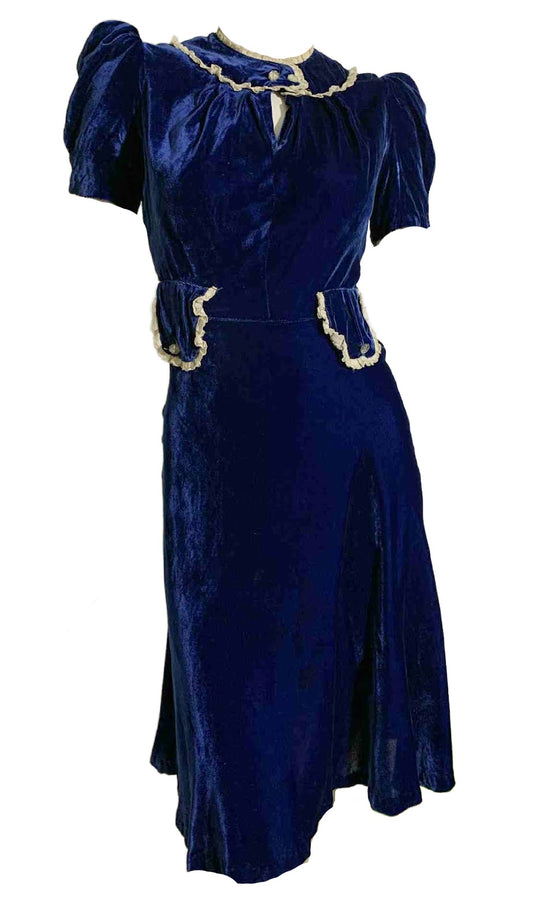 Sapphire Blue Silk Velvet Puff Sleeve Dress Glass Button & Lace Accents circa 1930s XS