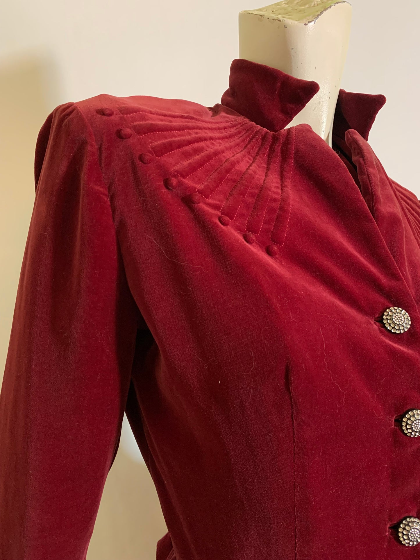 Plum Red Velvet Nipped Waist Suit with Trapunto Detailed Shoulders circa 1940s