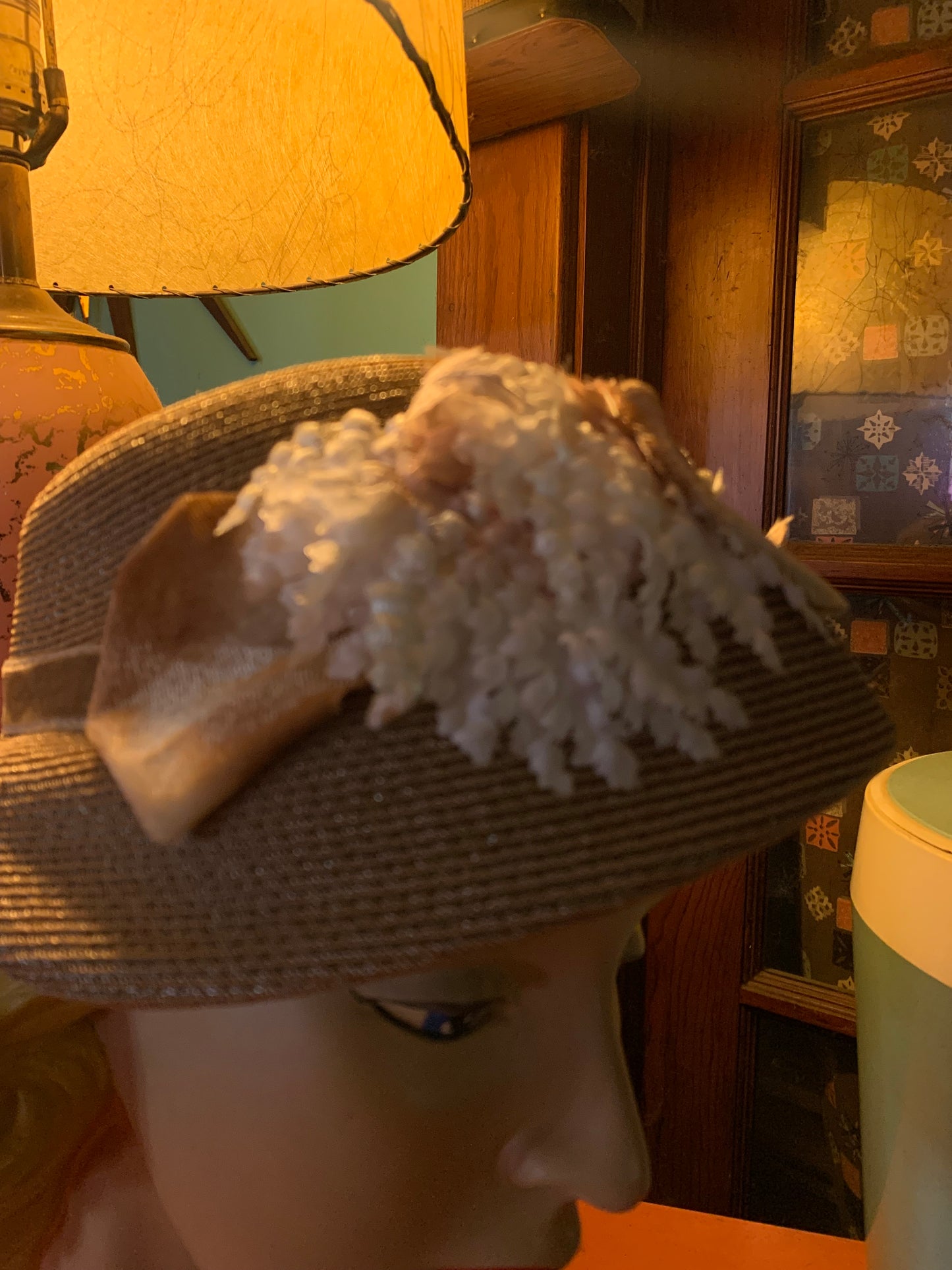Mocha and Pink Sisal Hat with Velvet Leaves circa 1940s