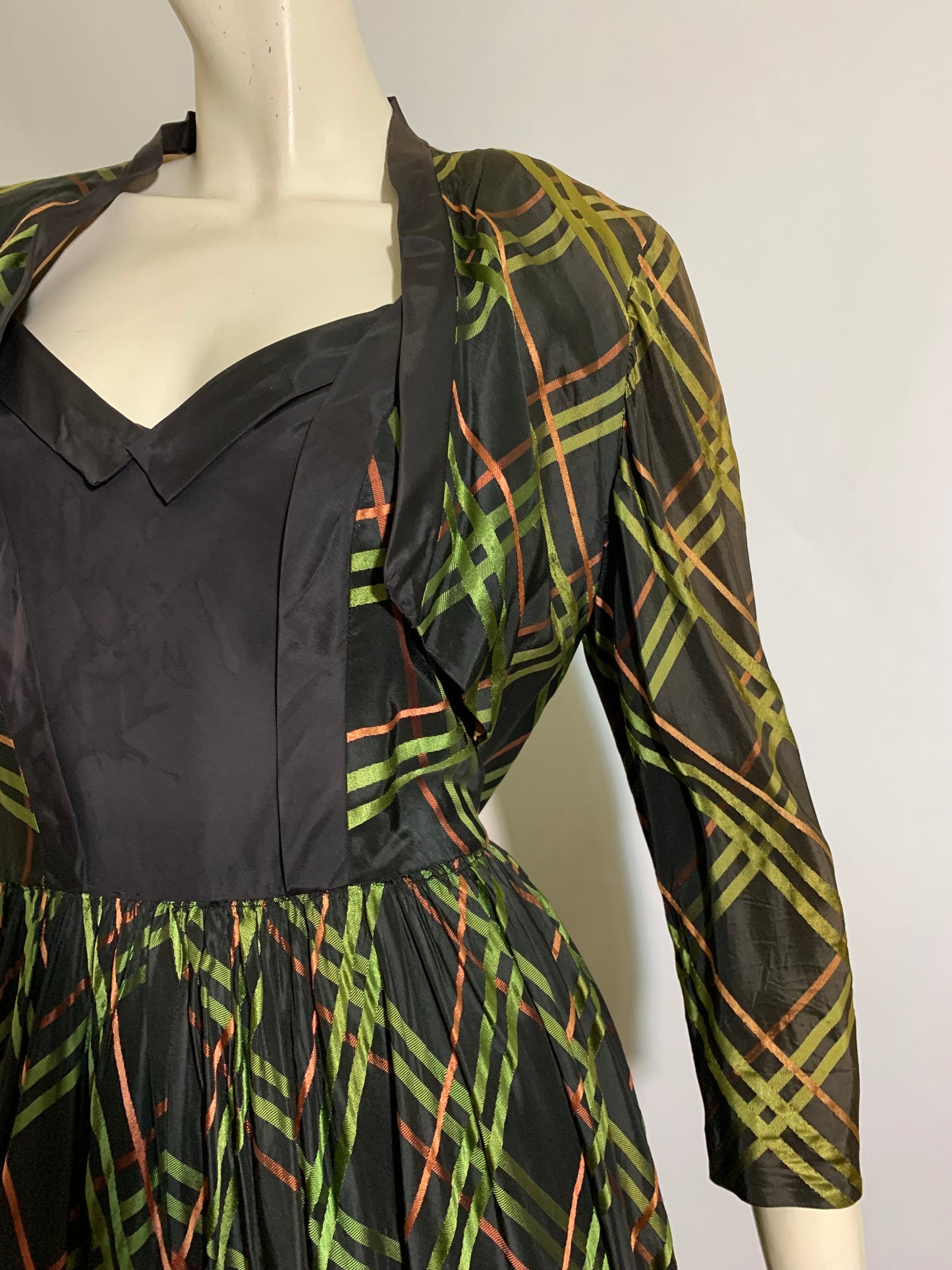 Green, Red and Black Plaid Taffeta Dress with Bolero Jacket circa 1940s