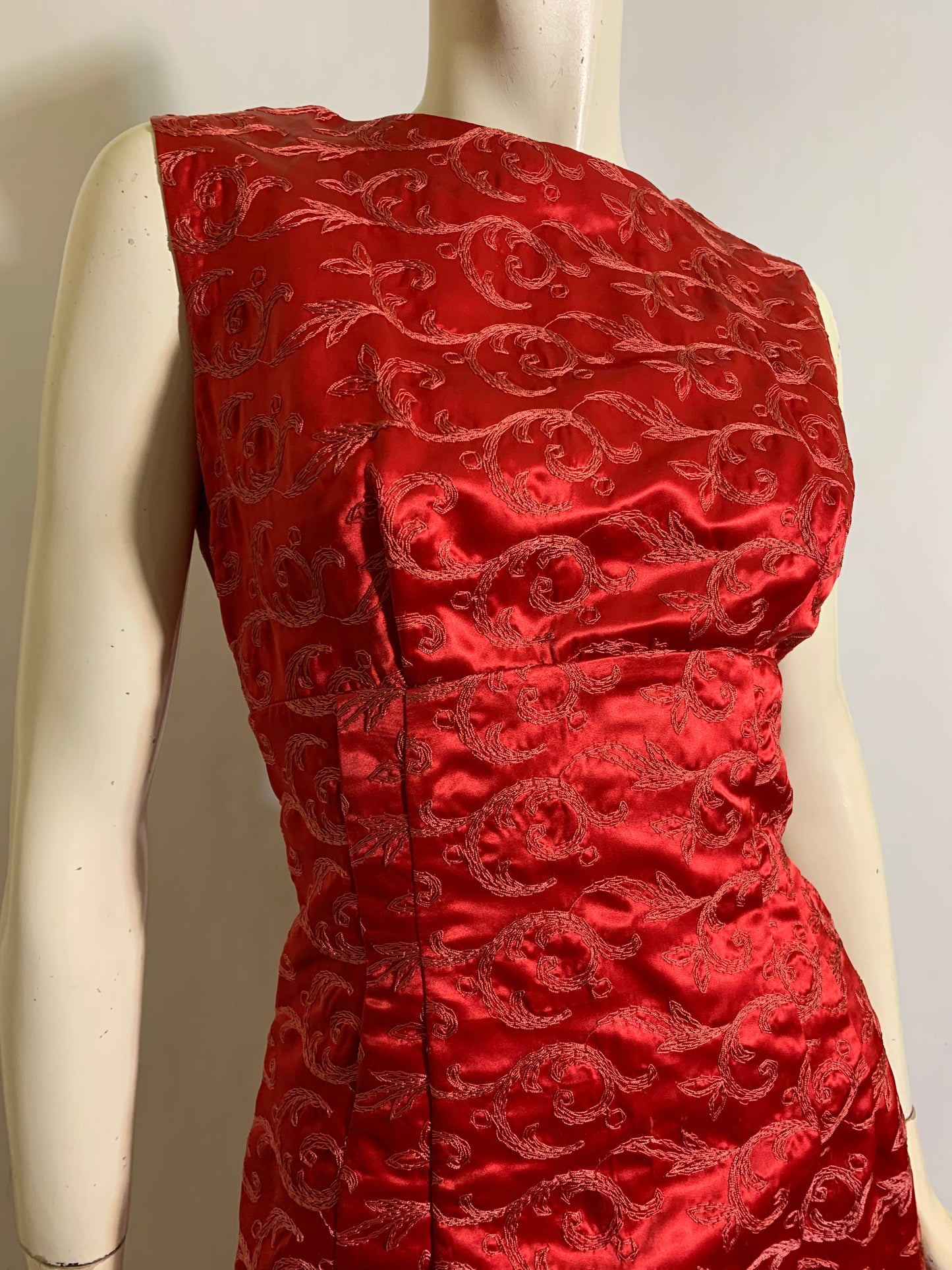 Red Embroidered Slinky Satin Sheath Dress circa 1960s