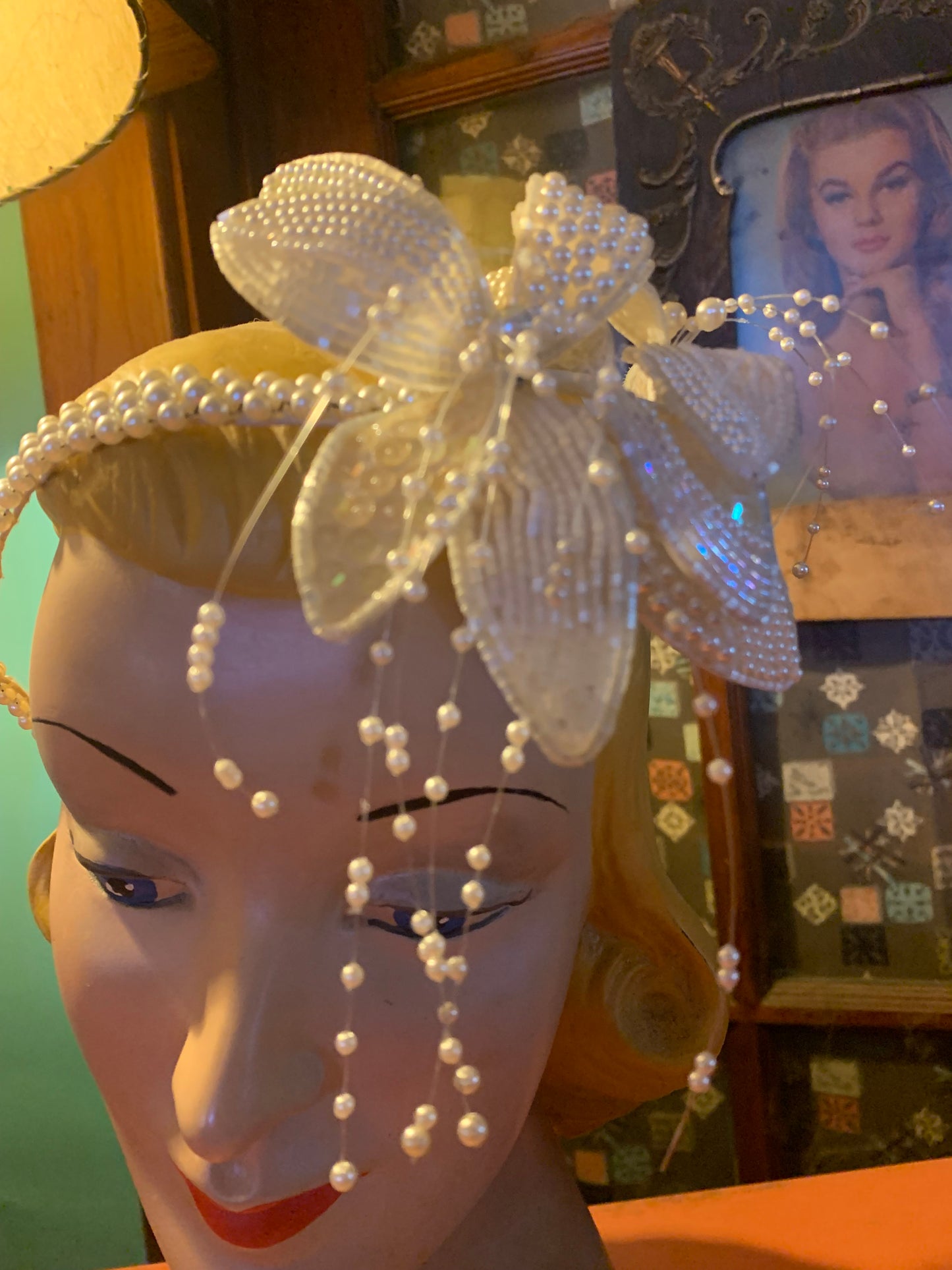 Beaded Lily Faux Pearl Bridal Headpiece circa 1980s