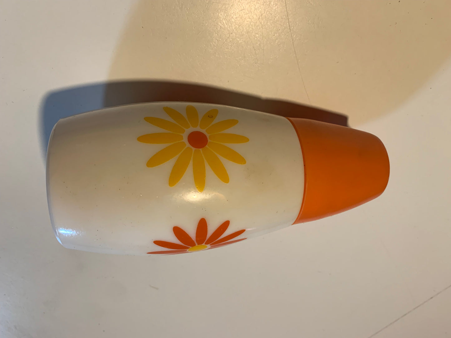 Bright Orange and Yellow Daisy Enameled Milk Glass Sugar Shaker 1970s