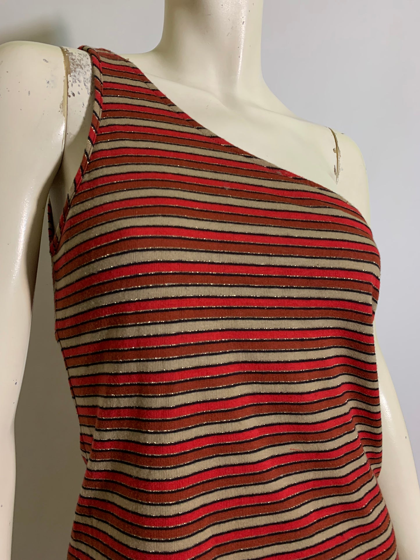 One Shoulder Red and Yellow Metallic Striped Knit Top circa 1980s