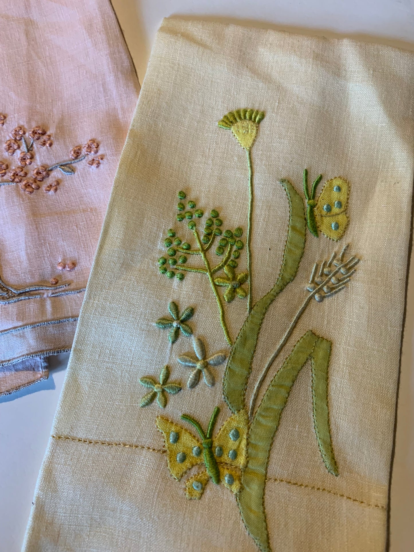 French Knot Flower and Tree Designed Handkerchiefs Lot 2 circa 1940s