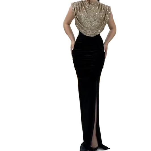 Annya- the 1940s Inspired Glittered Bib Column Dress 2 Colors