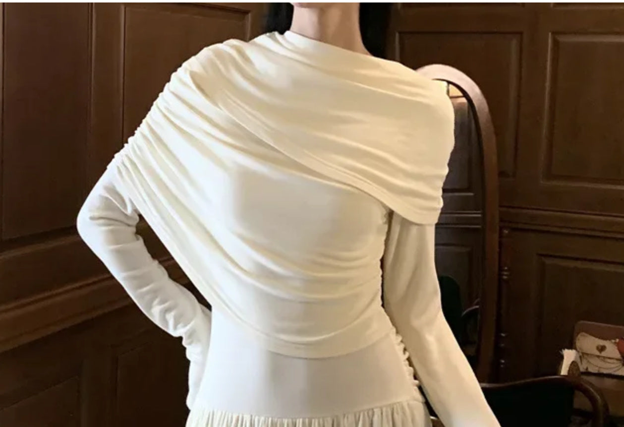 Faith- the White Jersey Ruched Shoulder Evening Gown