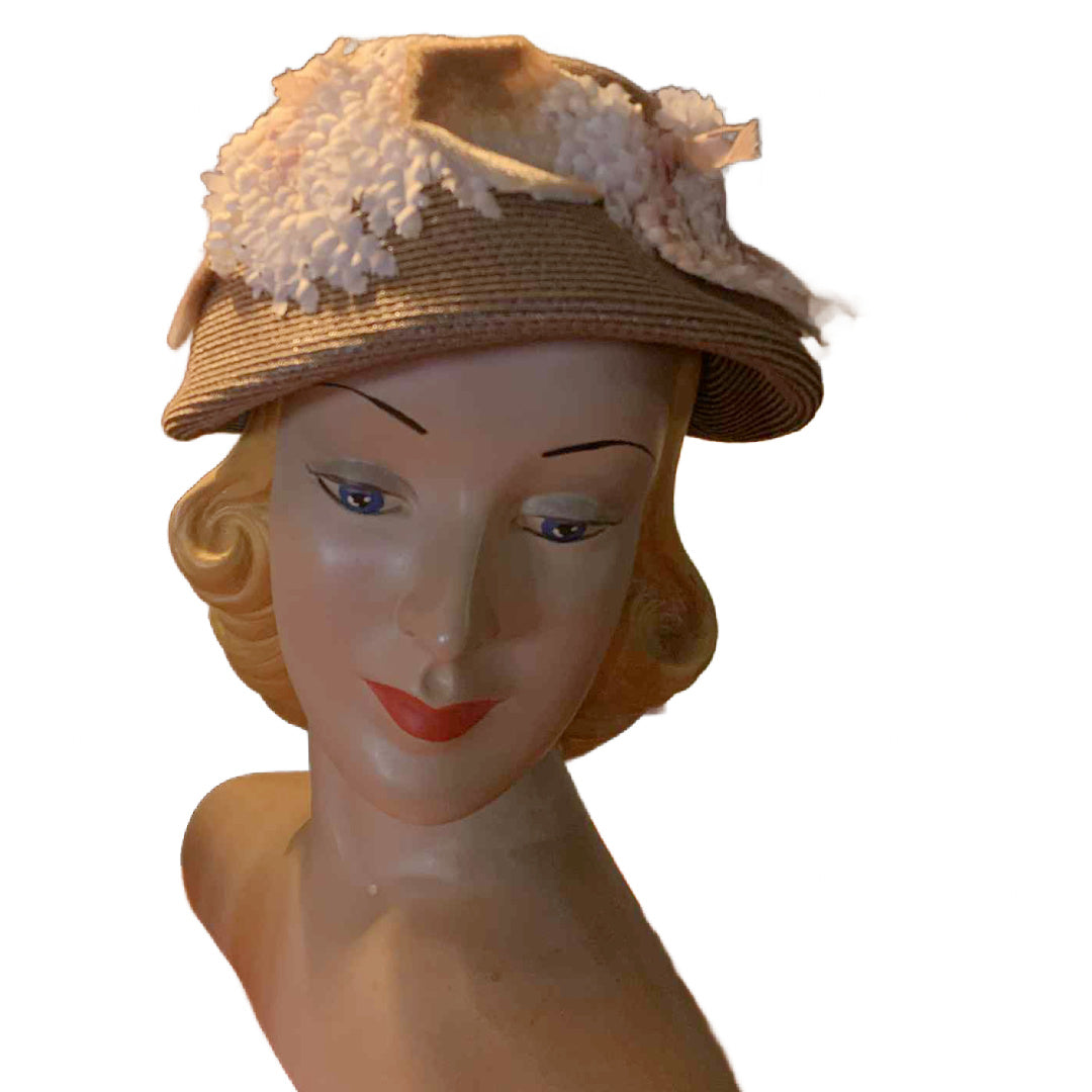 Mocha and Pink Sisal Hat with Velvet Leaves circa 1940s
