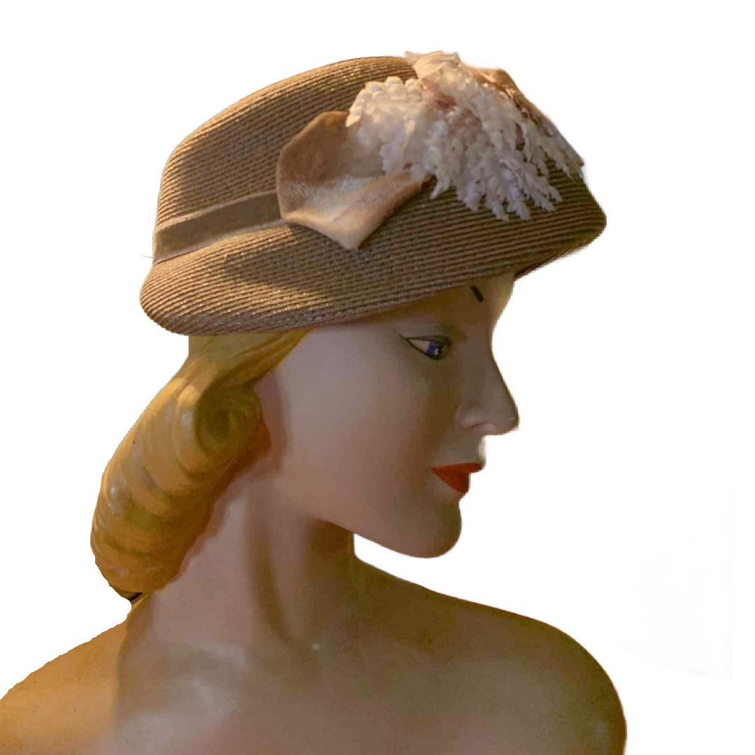 Mocha and Pink Sisal Hat with Velvet Leaves circa 1940s