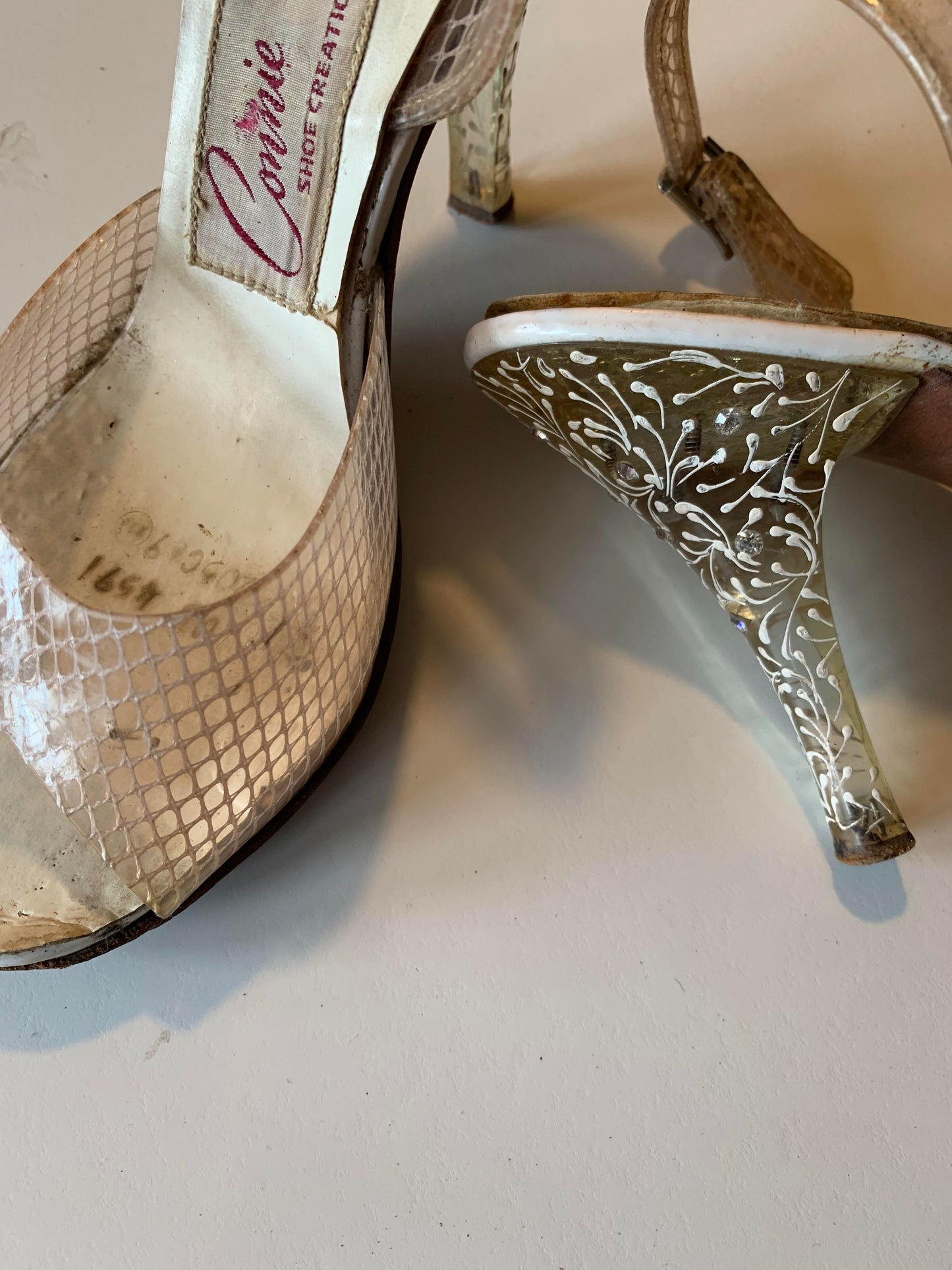 Nude Fishnet Clear Vinyl and Etched Lucite Peep Toe Shoes with Rhinestones circa 1950s 6 N