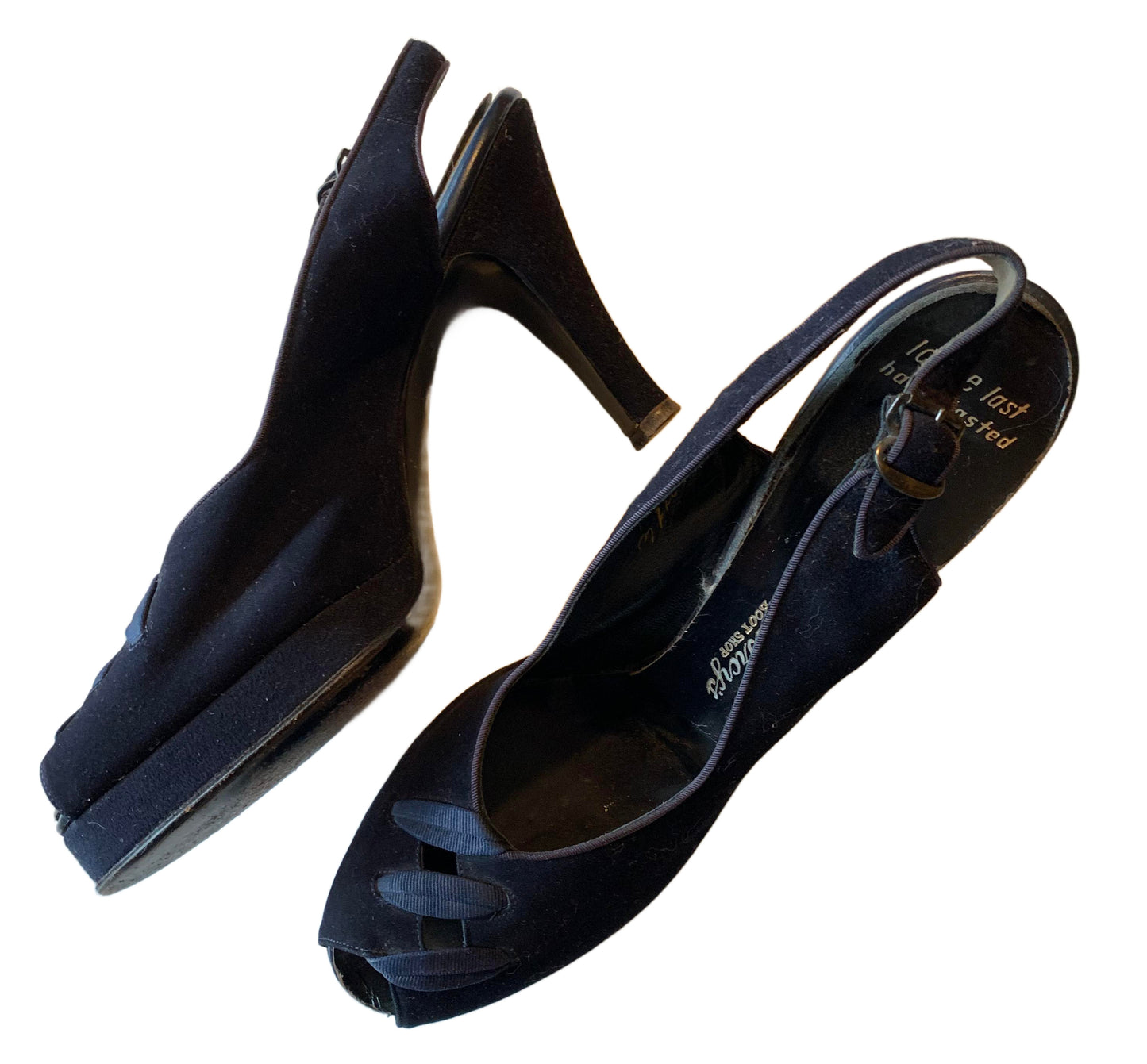 Midnight Blue Suede Platform Peep Toe Slingback Shoes with Ribbon Accents circa 1940s 8N