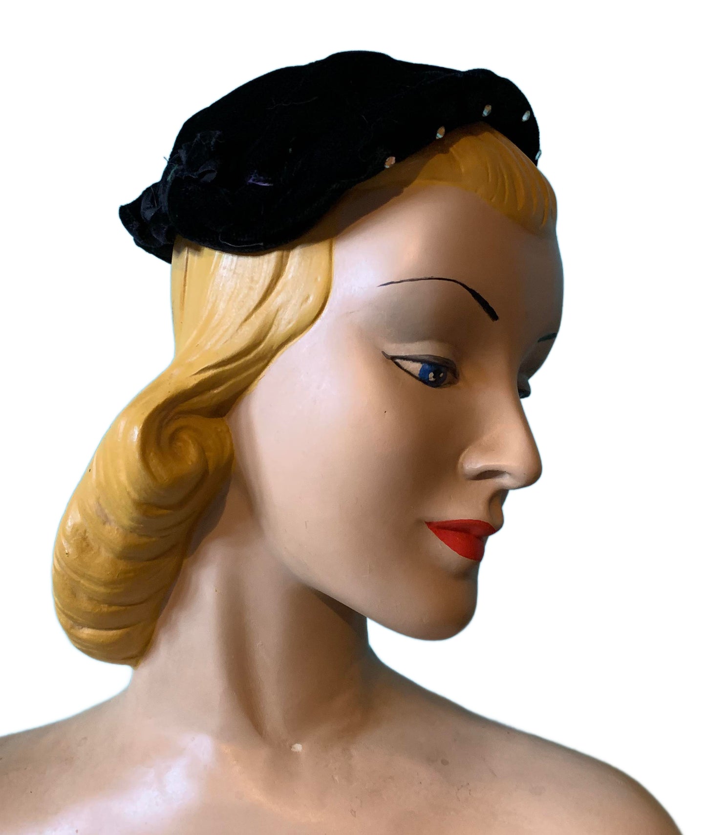 Black Velvet Rolled Front Cocktail Juliette Cap Hat with Rhinestones circa 1950s