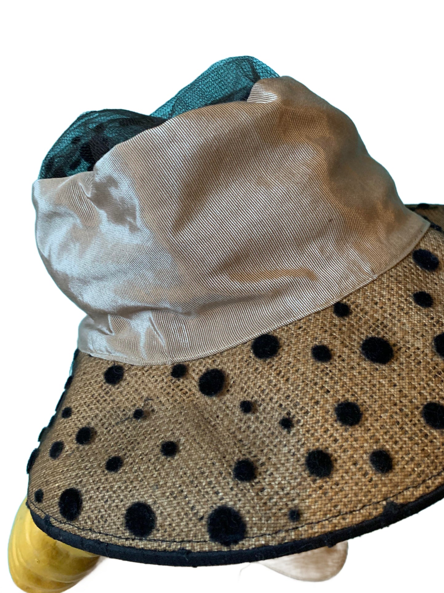 Burlap Brim Open Crown Hat with Black Polka Dot Netting circa 1940s