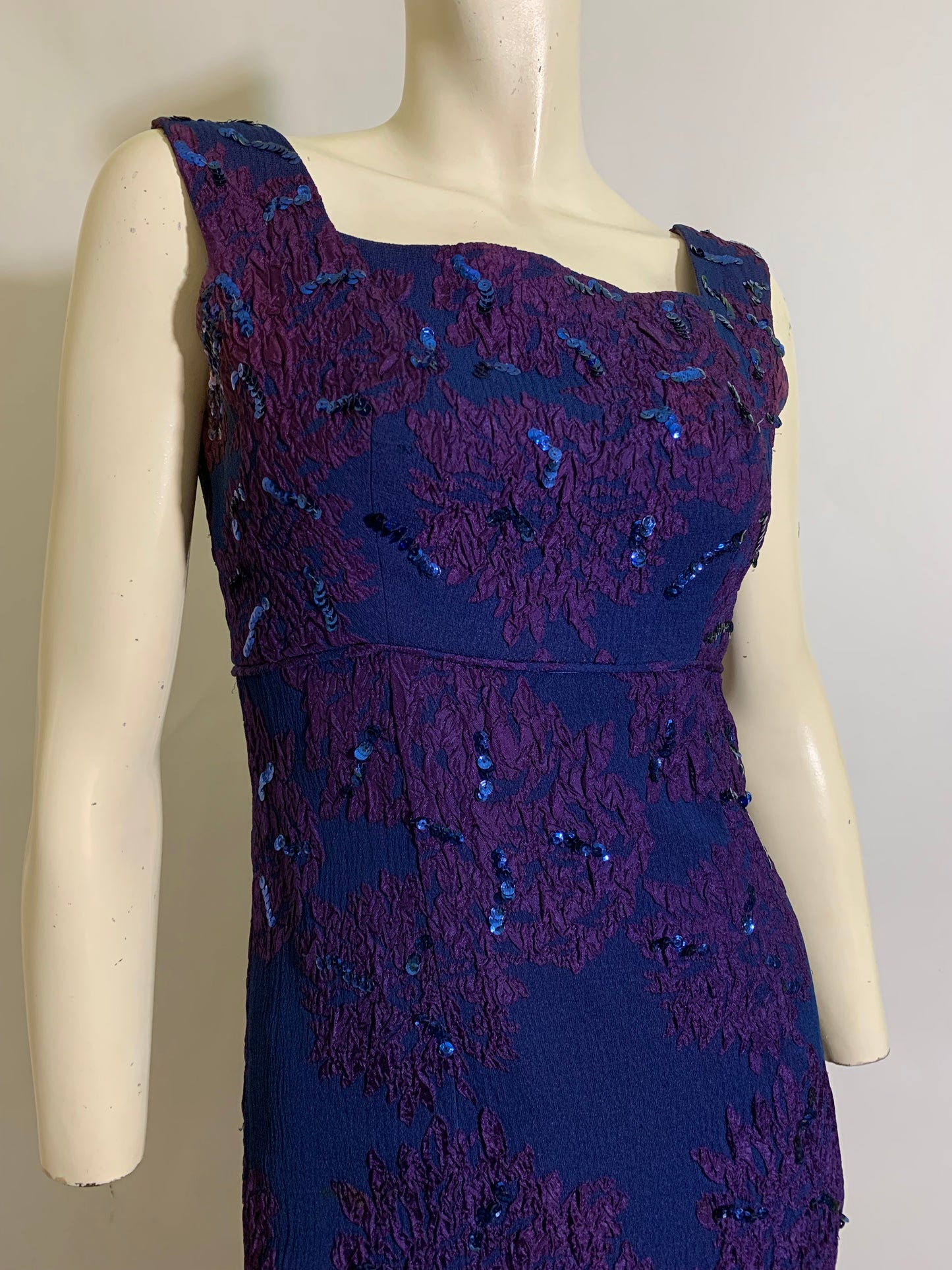 Sultry Sapphire Blue and Purple Sequined High Slit Evening Dress circa 1960s