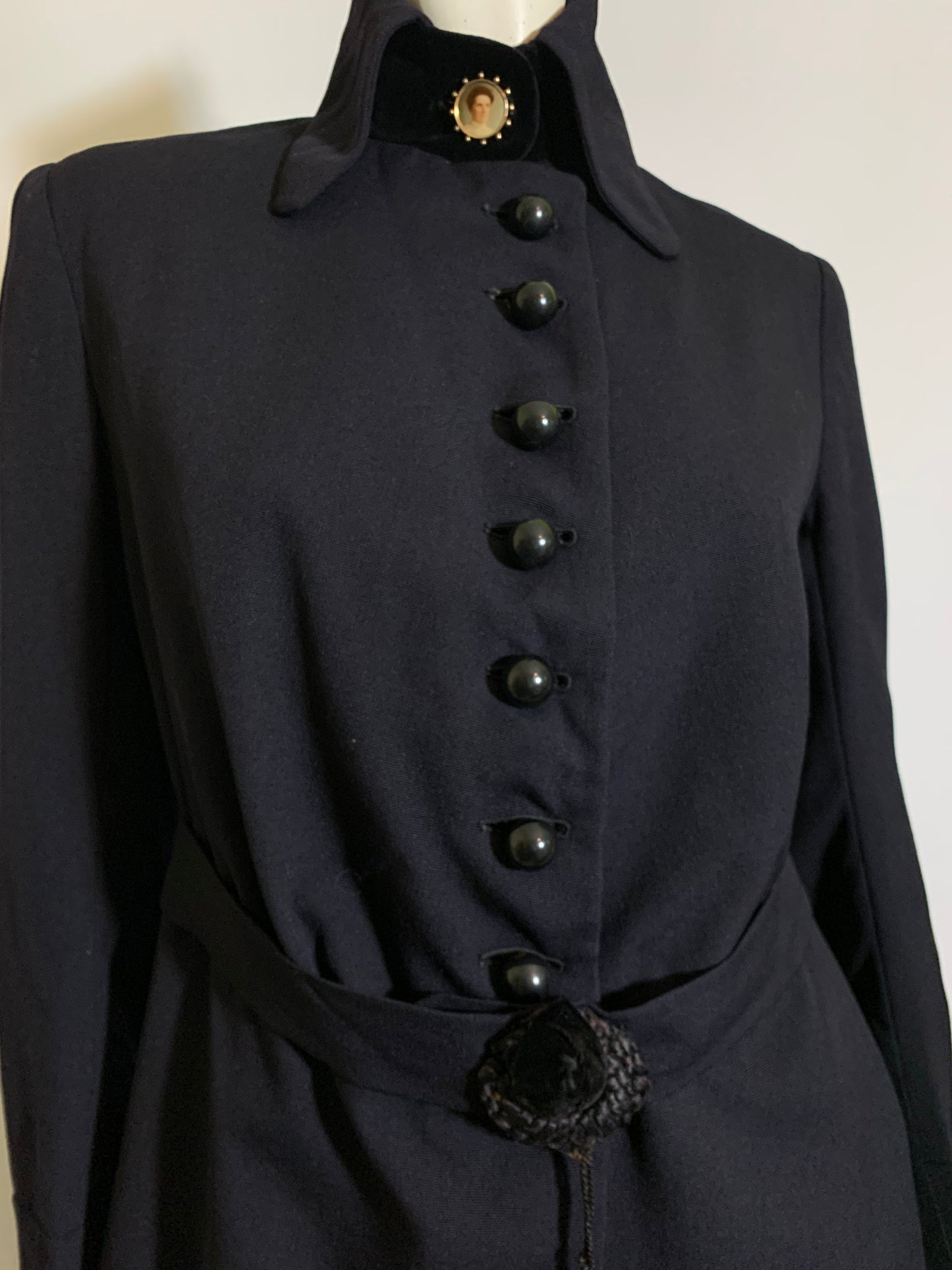 Votes for Women! Deep Blue Wool 2 Pc Walking Suit Dress with Velvet and Silk Accents circa 1910s