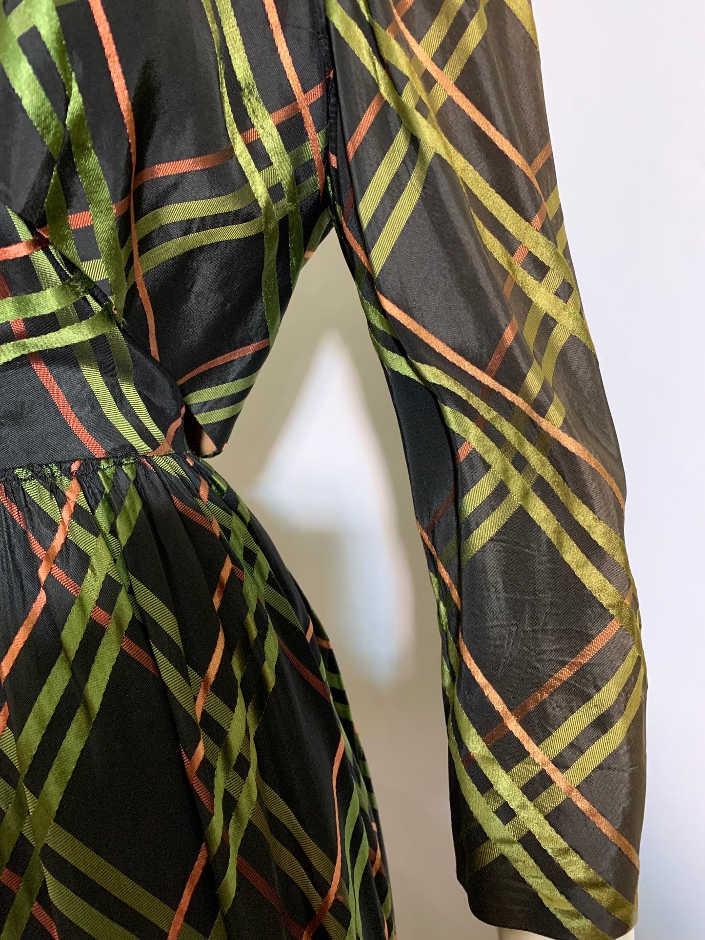 Green, Red and Black Plaid Taffeta Dress with Bolero Jacket circa 1940s