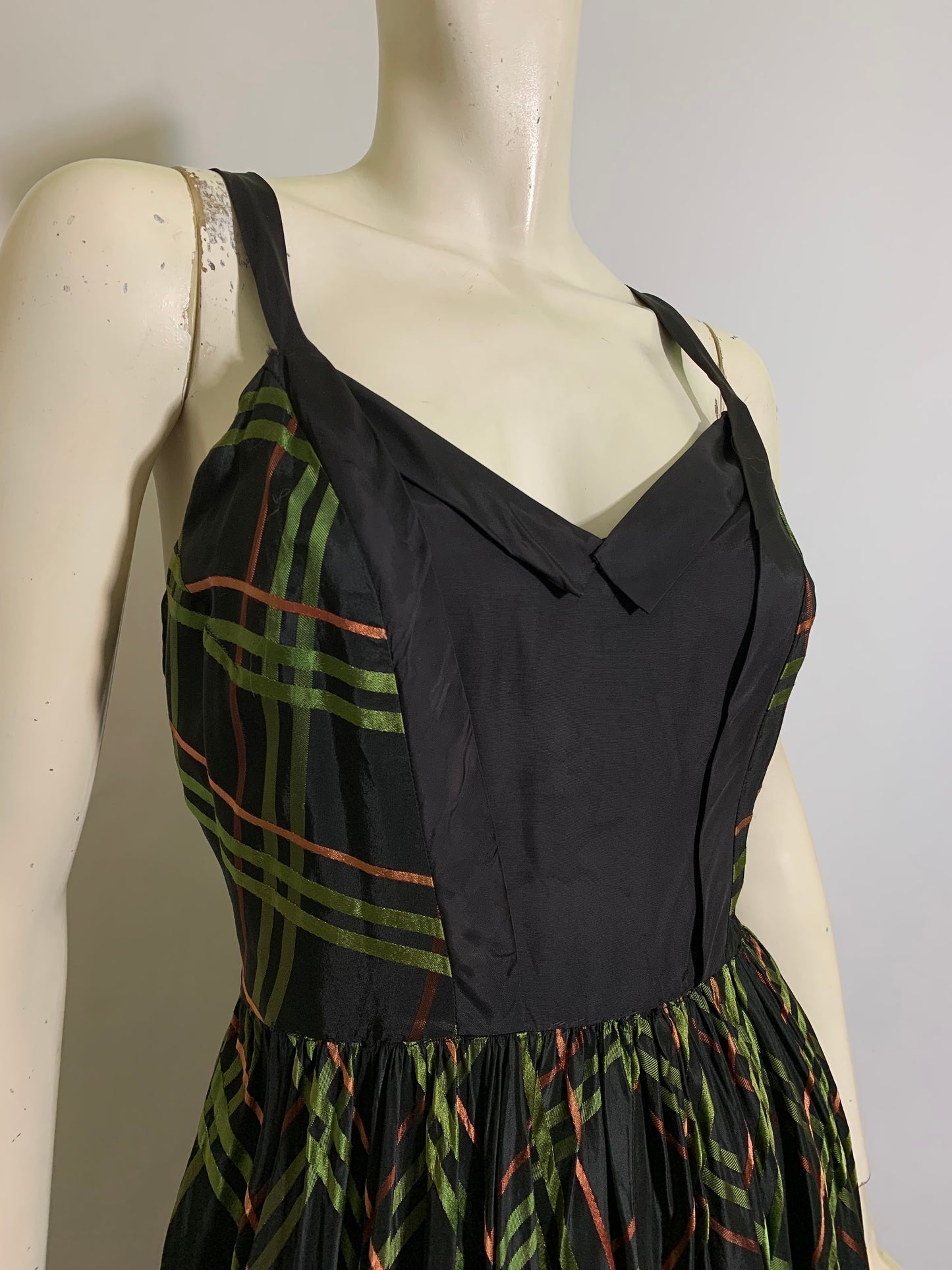 Green, Red and Black Plaid Taffeta Dress with Bolero Jacket circa 1940s