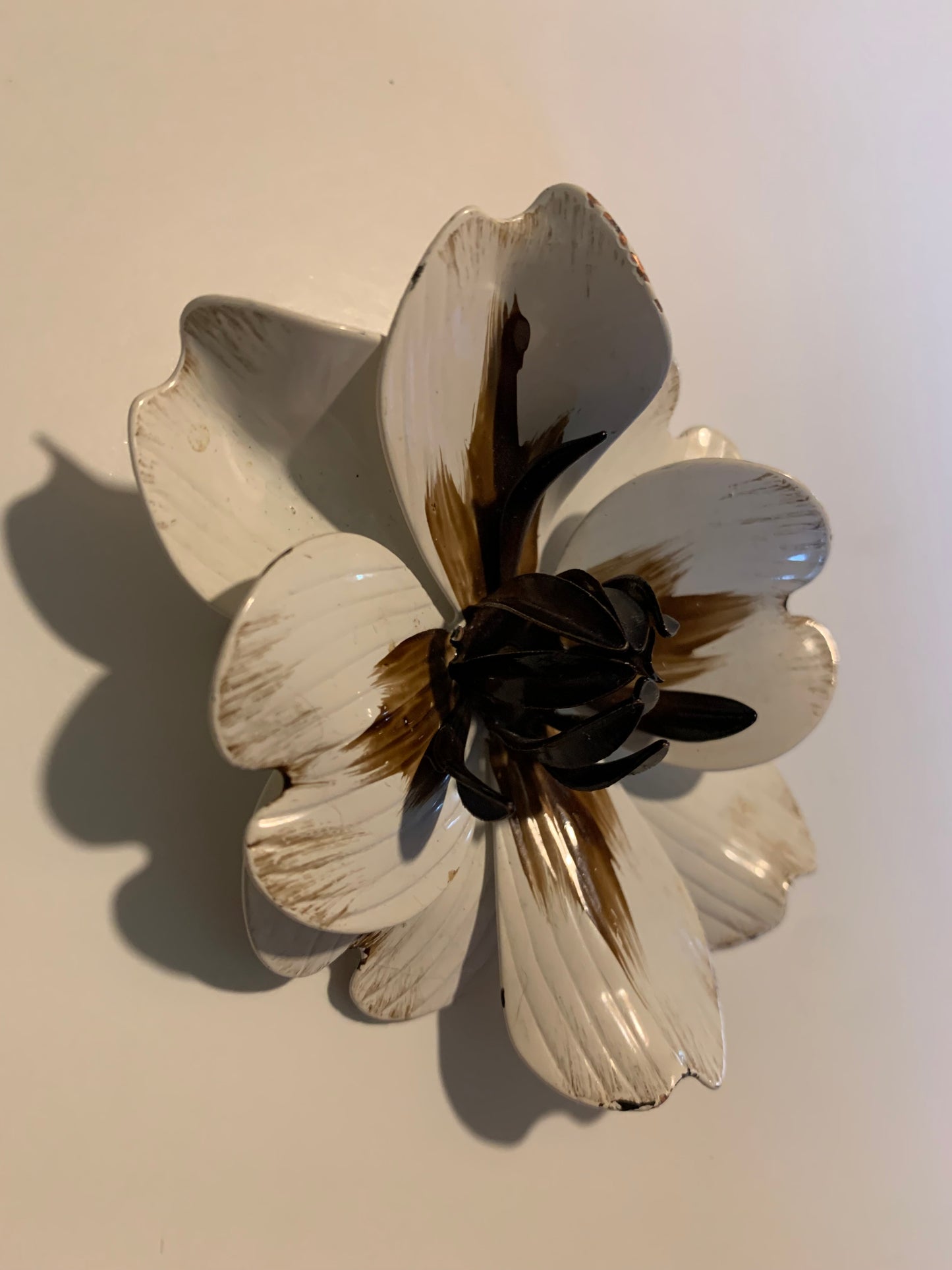 BIG Stylized White and Brown Enameled Magnolia Flower Brooch circa 1960s