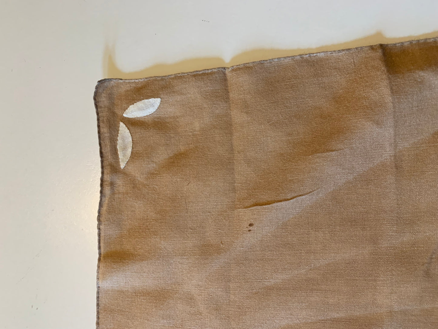 Tan Cotton Handkerchief White Flowers and Leaves circa 1930s