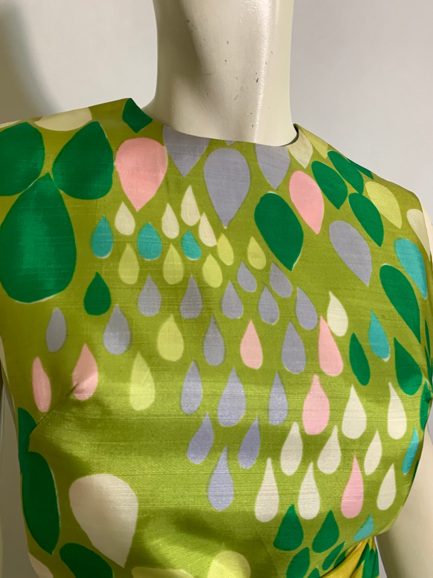 Pastel Raindrop Print Sheath Dress with Sash circa 1960s