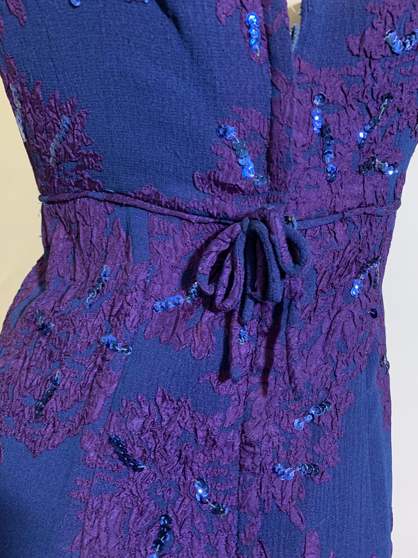 Sultry Sapphire Blue and Purple Sequined High Slit Evening Dress circa 1960s