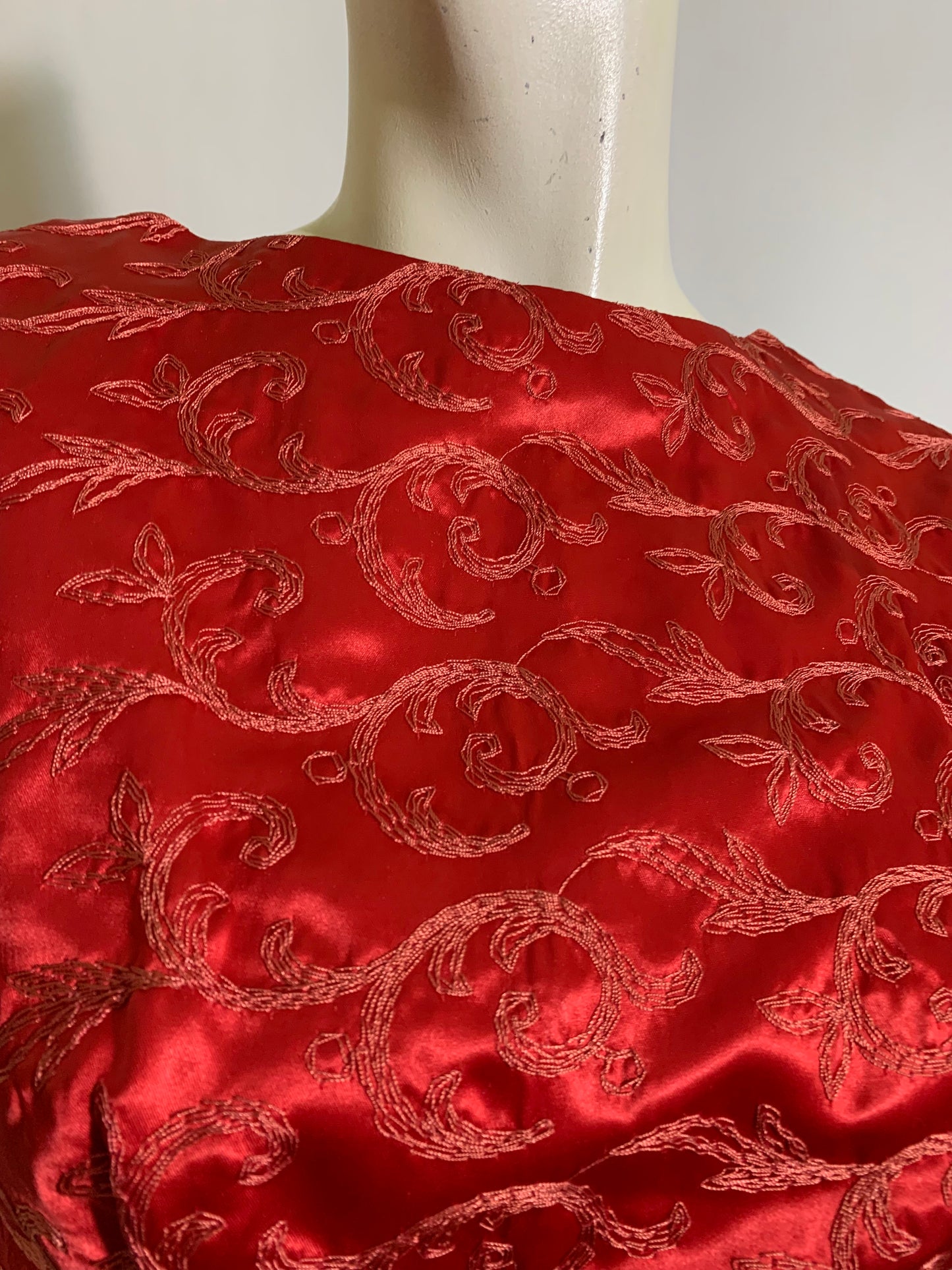Red Embroidered Slinky Satin Sheath Dress circa 1960s