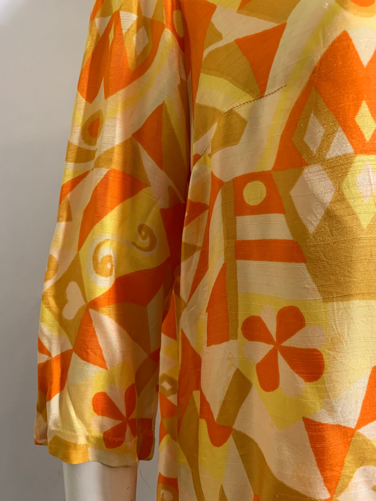 Bright Yellow and Orange Abstract Print Rayon Blouse circa 1970s