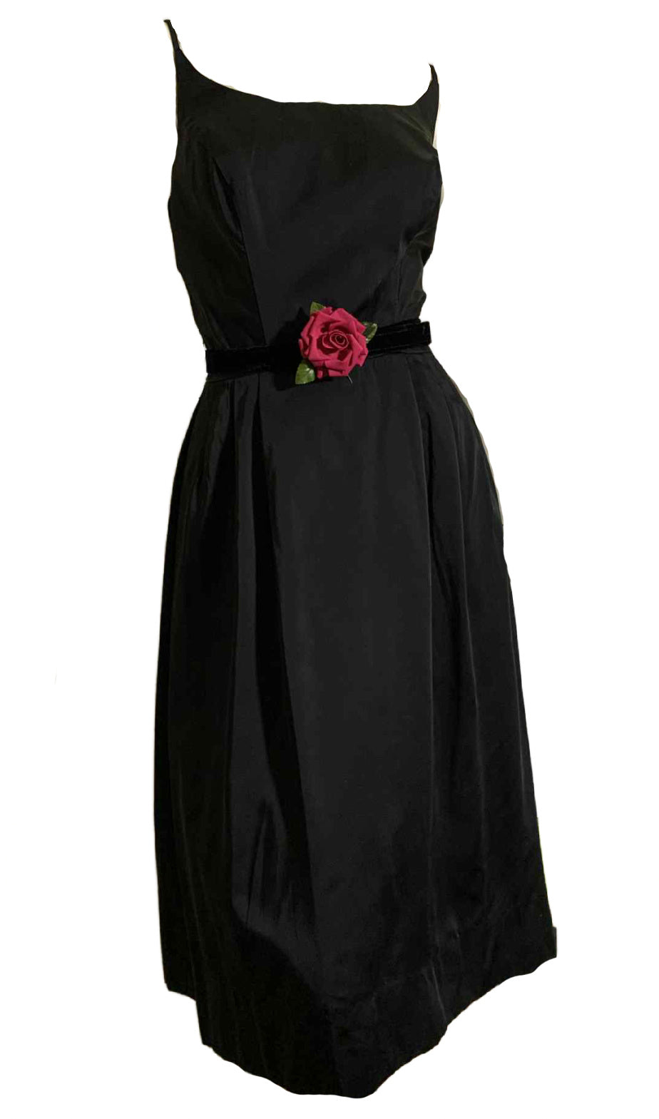 A Very Doris Day Classic Little Black Dress with Rose on Velvet Belt circa 1960s A Very Doris Day Classic Little Black Dress with Rose on Velvet Belt circa 1960s