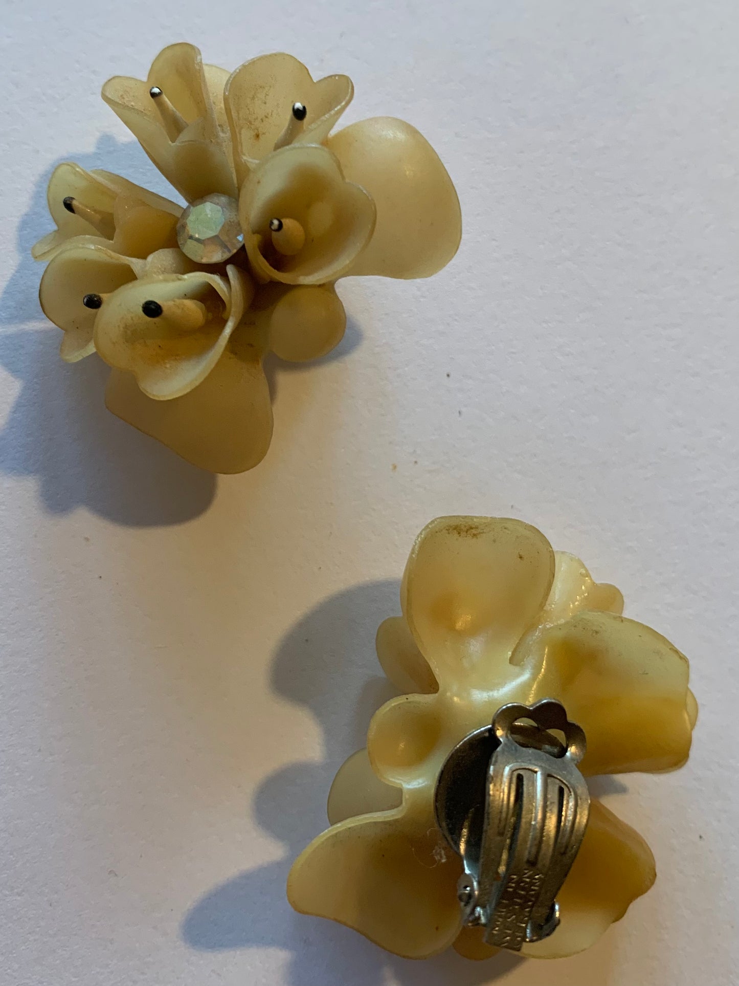 Tropical Ivory Colored Celluloid Flower Earrings with Rhinestones circa 1930s