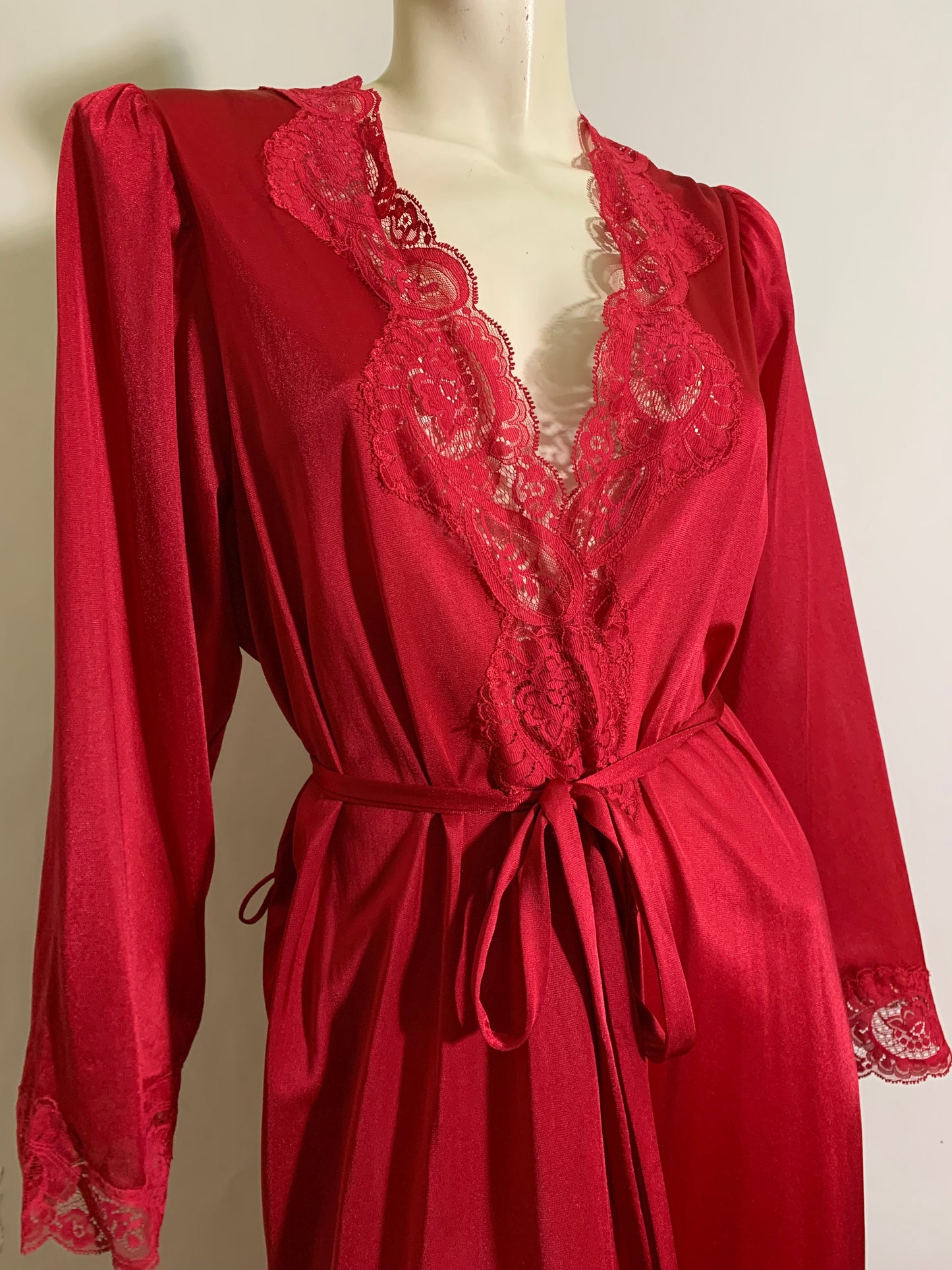 Lipstick Red Nylon Glamorous Robe with Lace Trim circa 1980s