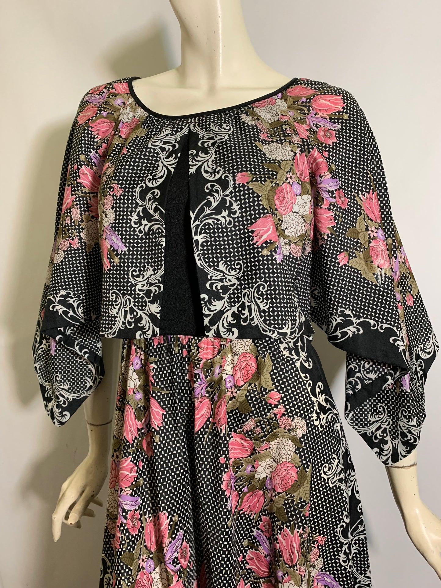Black and Pink Rose Print Maxi Dress with Peaked Sleeves circa 1970s