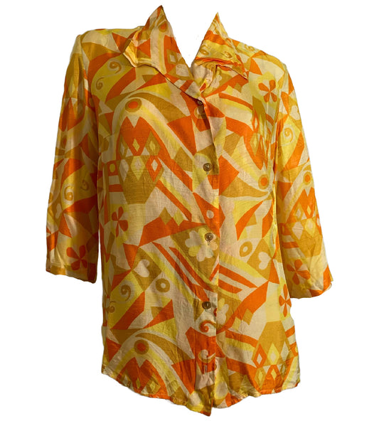 Bright Yellow and Orange Abstract Print Rayon Blouse circa 1970s