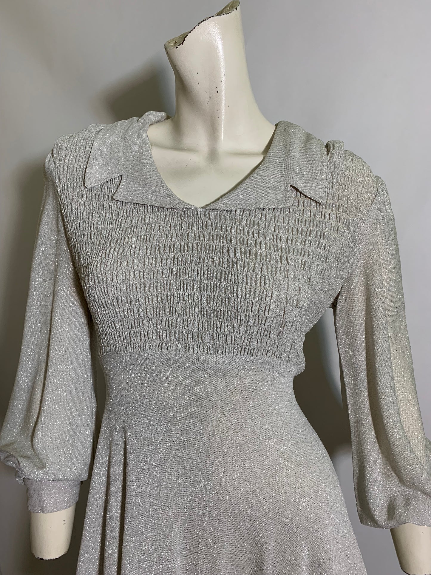 Silver Lurex Smocked Bodice Baby Doll Mini Dress circa 1970s