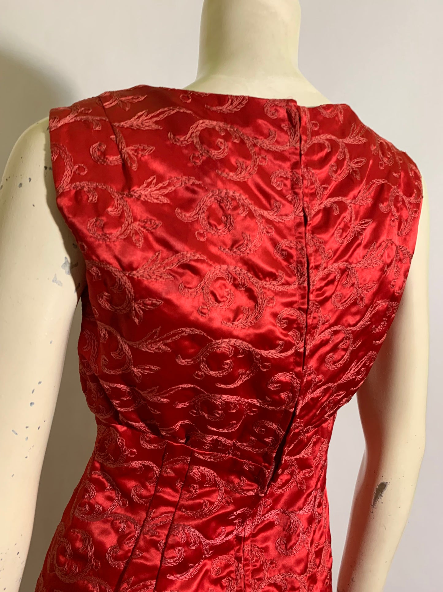 Red Embroidered Slinky Satin Sheath Dress circa 1960s
